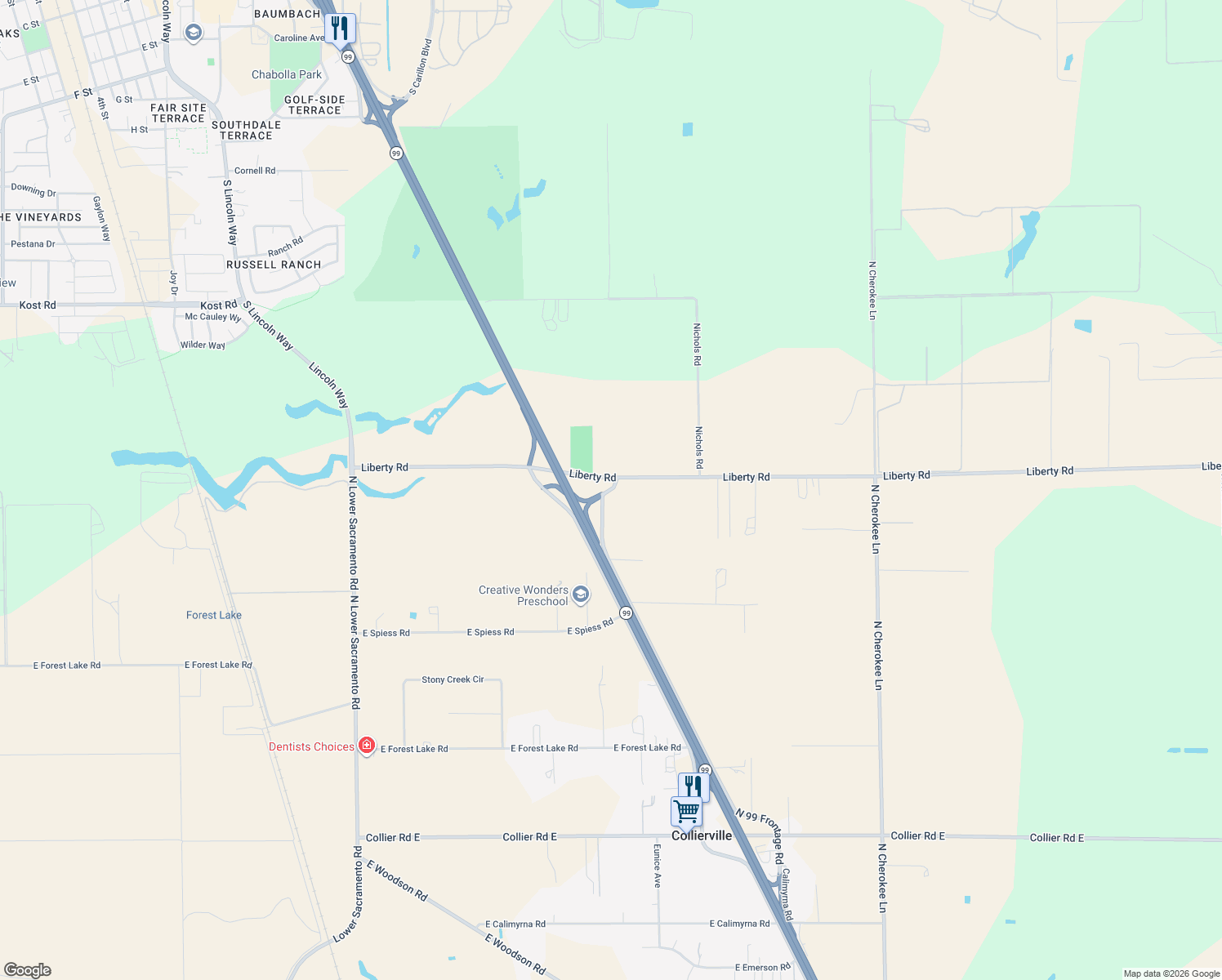 map of restaurants, bars, coffee shops, grocery stores, and more near 25991 North 99 Frontage Road in Acampo