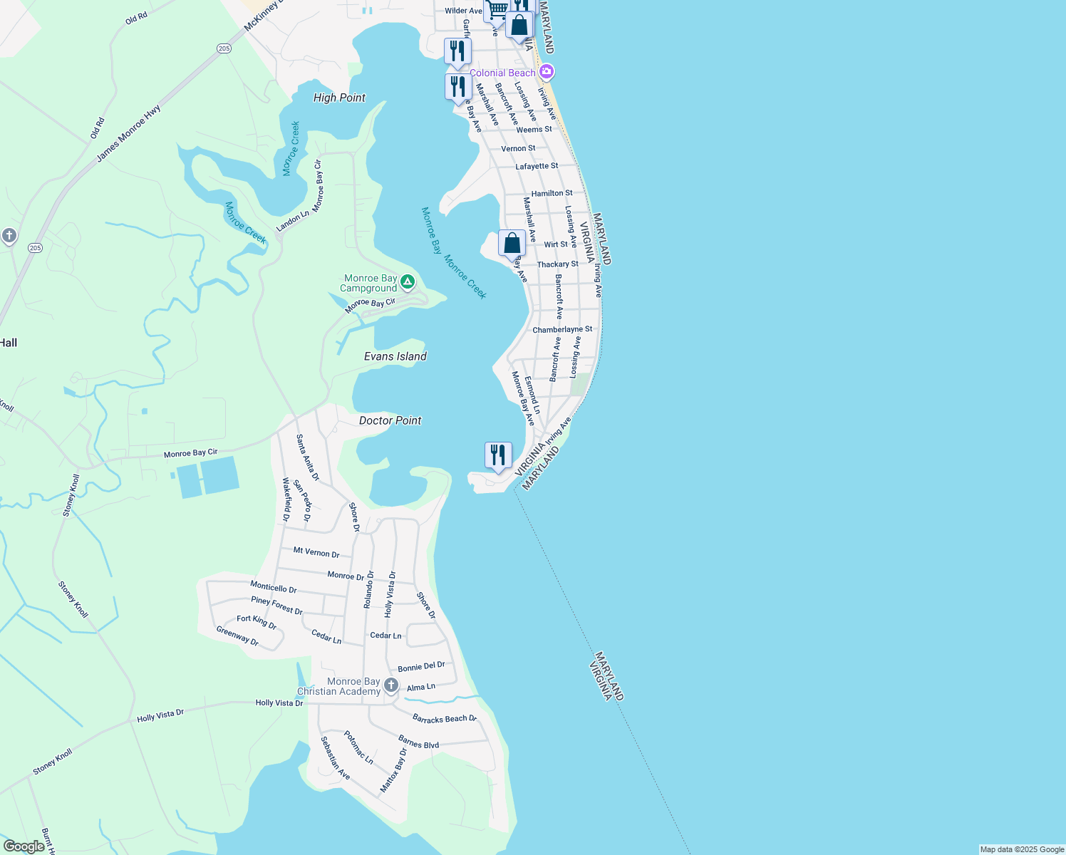 map of restaurants, bars, coffee shops, grocery stores, and more near 1323 Monroe Bay Avenue in Colonial Beach