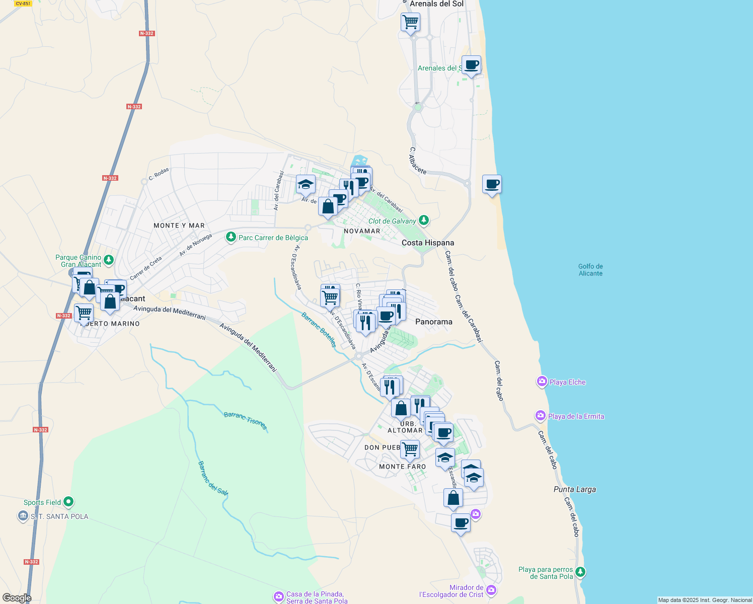 map of restaurants, bars, coffee shops, grocery stores, and more near 312 Calle Orden del Corintio in Monte Faro
