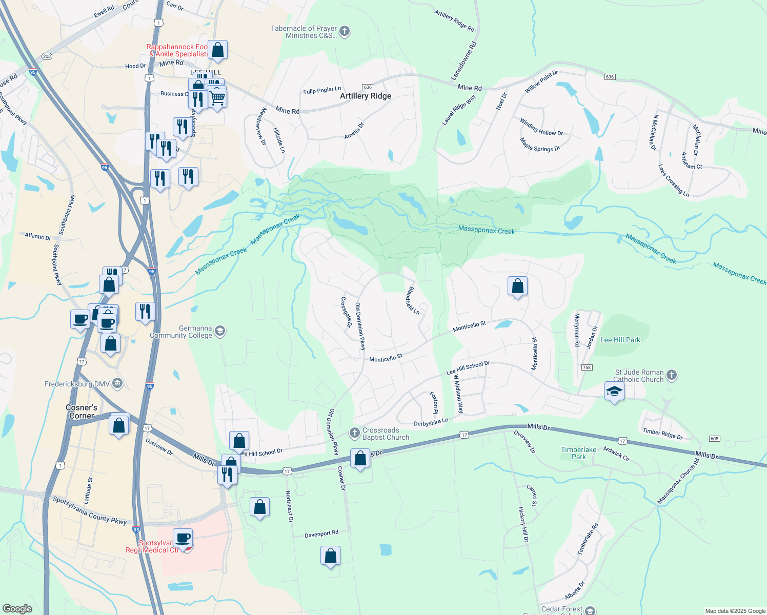 map of restaurants, bars, coffee shops, grocery stores, and more near 9922 Avalon Way in Fredericksburg