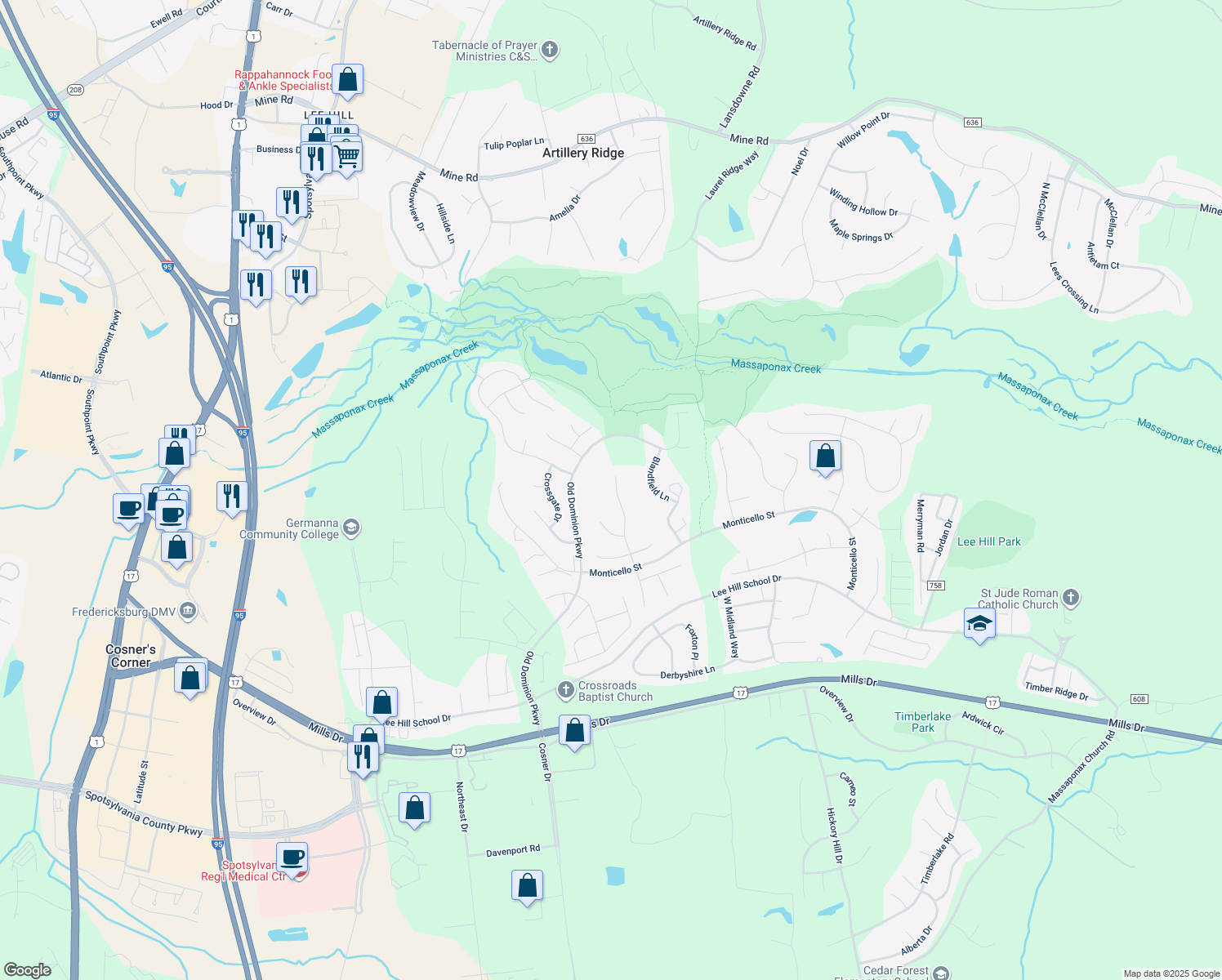 map of restaurants, bars, coffee shops, grocery stores, and more near 9922 Avalon Way in Fredericksburg