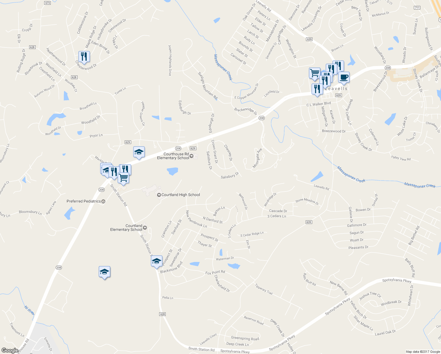 map of restaurants, bars, coffee shops, grocery stores, and more near 6216 Salisbury Dr in Spotsylvania