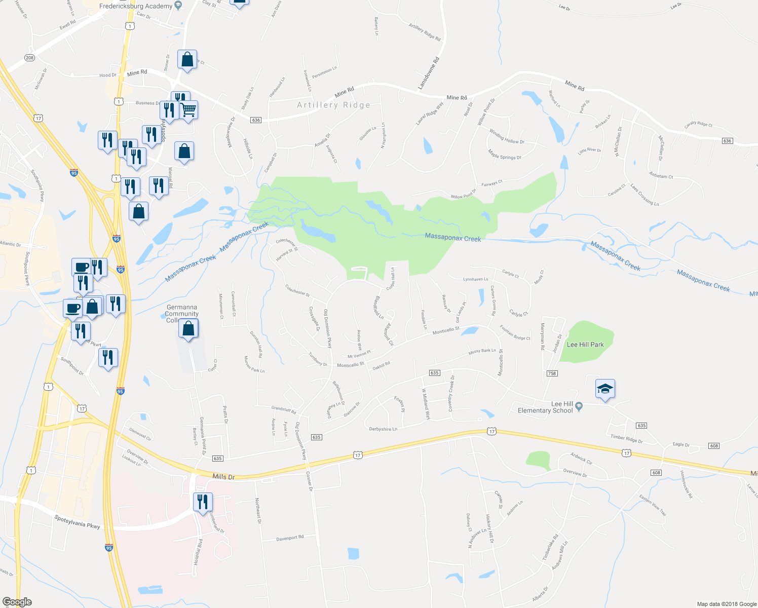 map of restaurants, bars, coffee shops, grocery stores, and more near 10103 Blandfield Lane in Fredericksburg