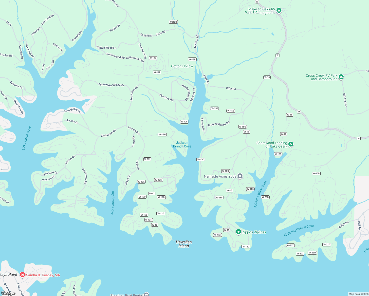 map of restaurants, bars, coffee shops, grocery stores, and more near 66 Lake Road in Eldon