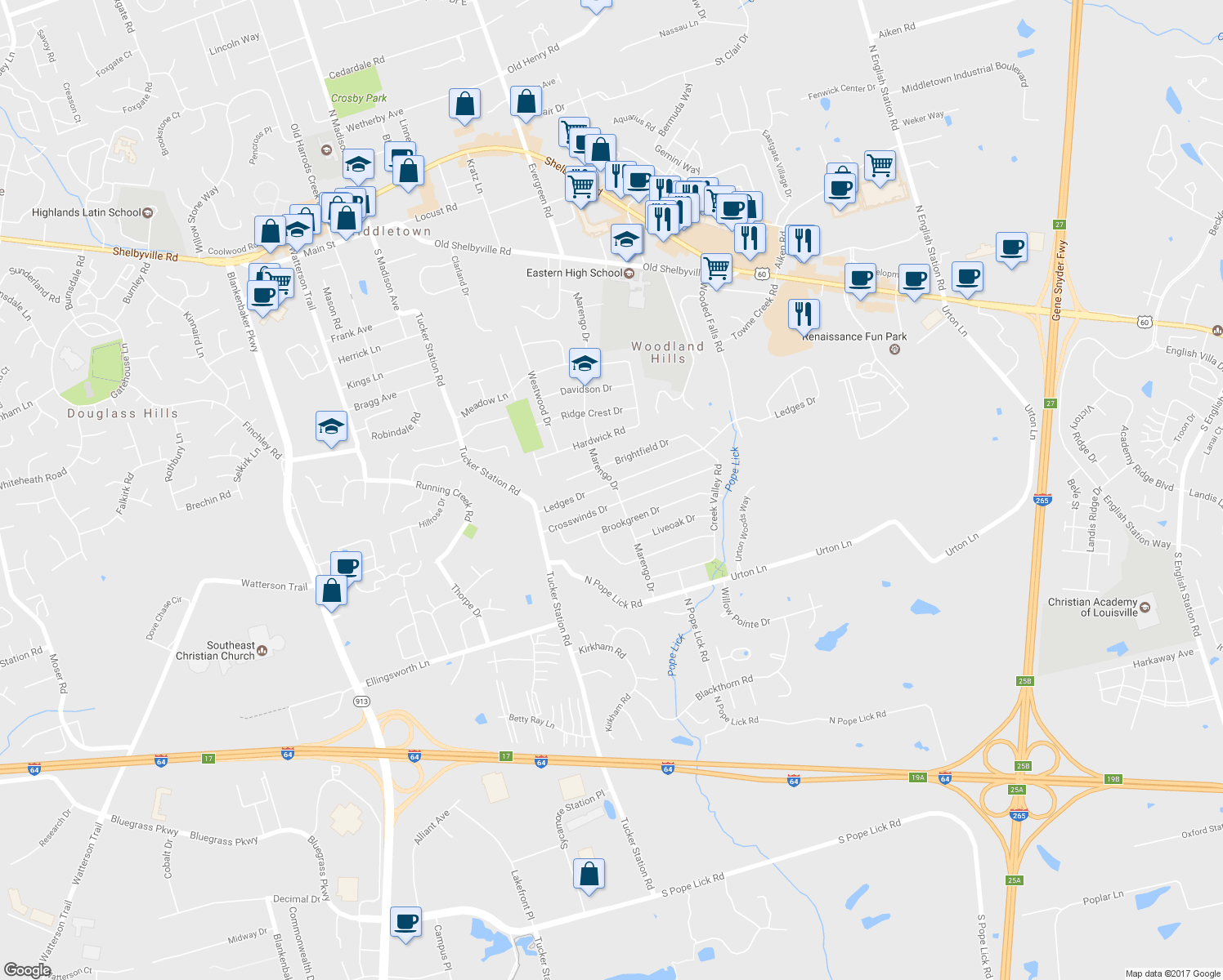map of restaurants, bars, coffee shops, grocery stores, and more near 12228 Ledges Drive in Louisville