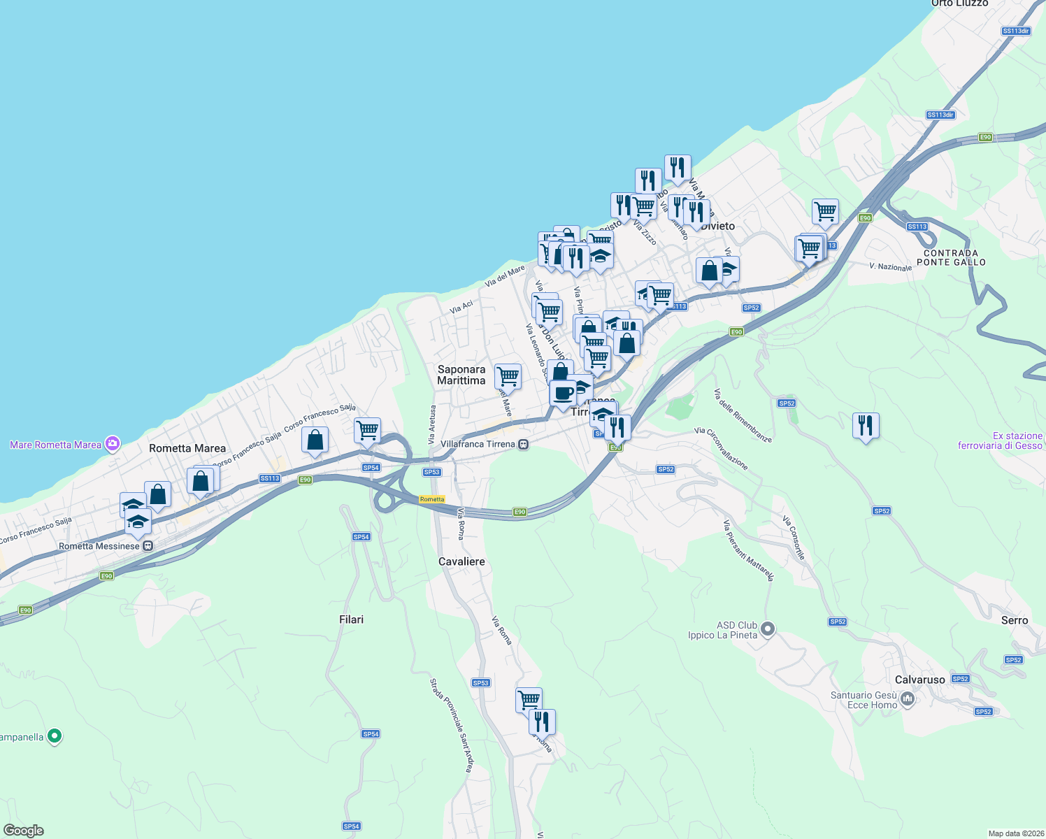 map of restaurants, bars, coffee shops, grocery stores, and more near 28 Via Nazionale in Saponara Marittima