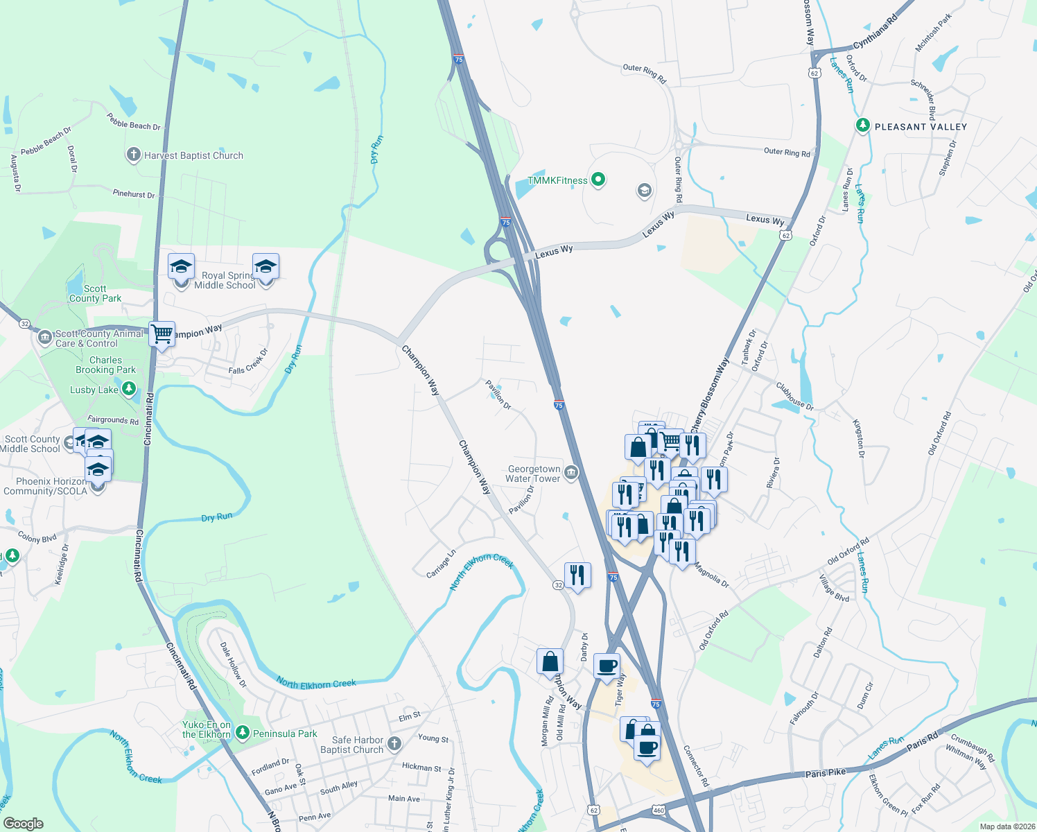 map of restaurants, bars, coffee shops, grocery stores, and more near 116 Back Stretch Drive in Georgetown