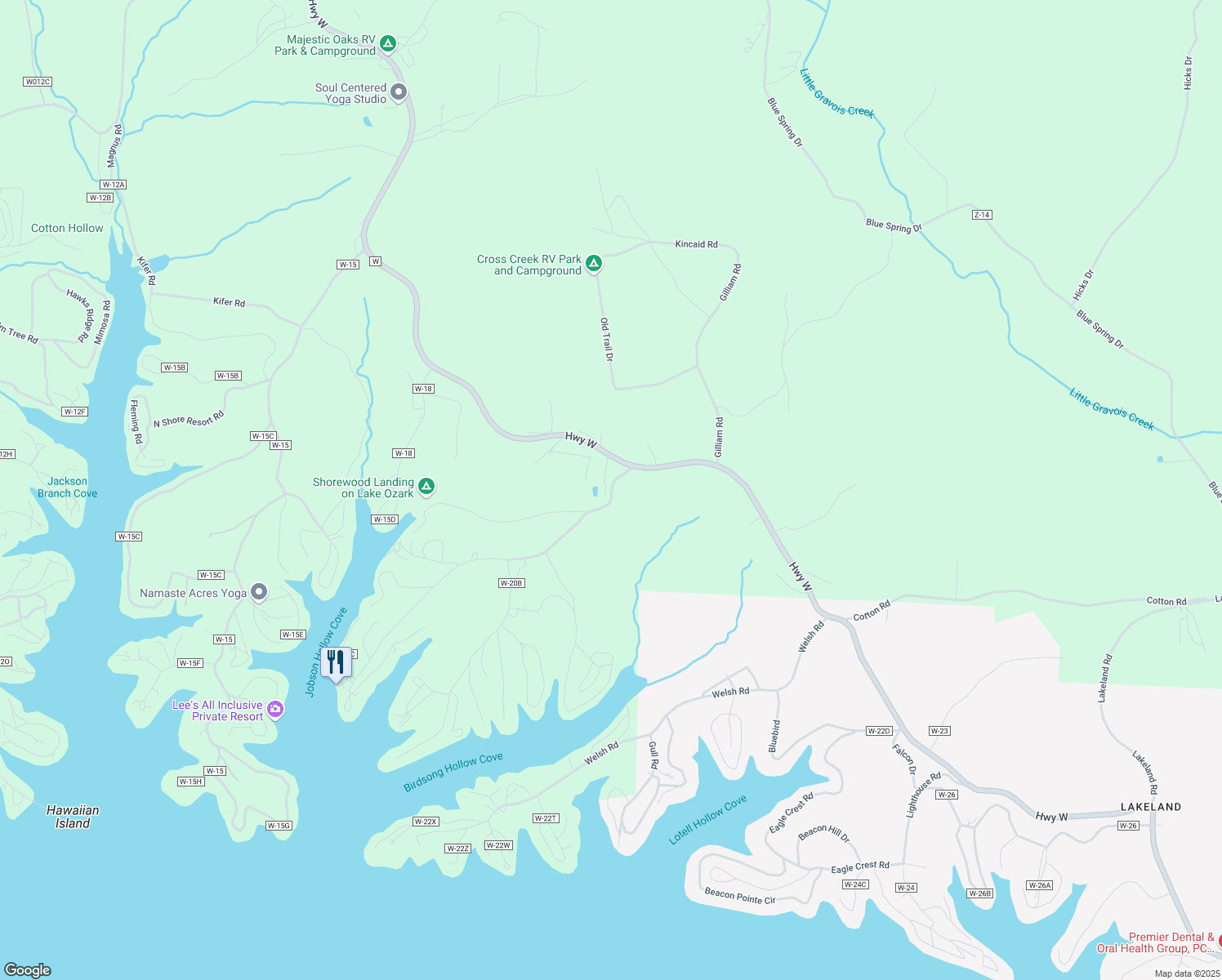 map of restaurants, bars, coffee shops, grocery stores, and more near Village Marina Rd in Eldon