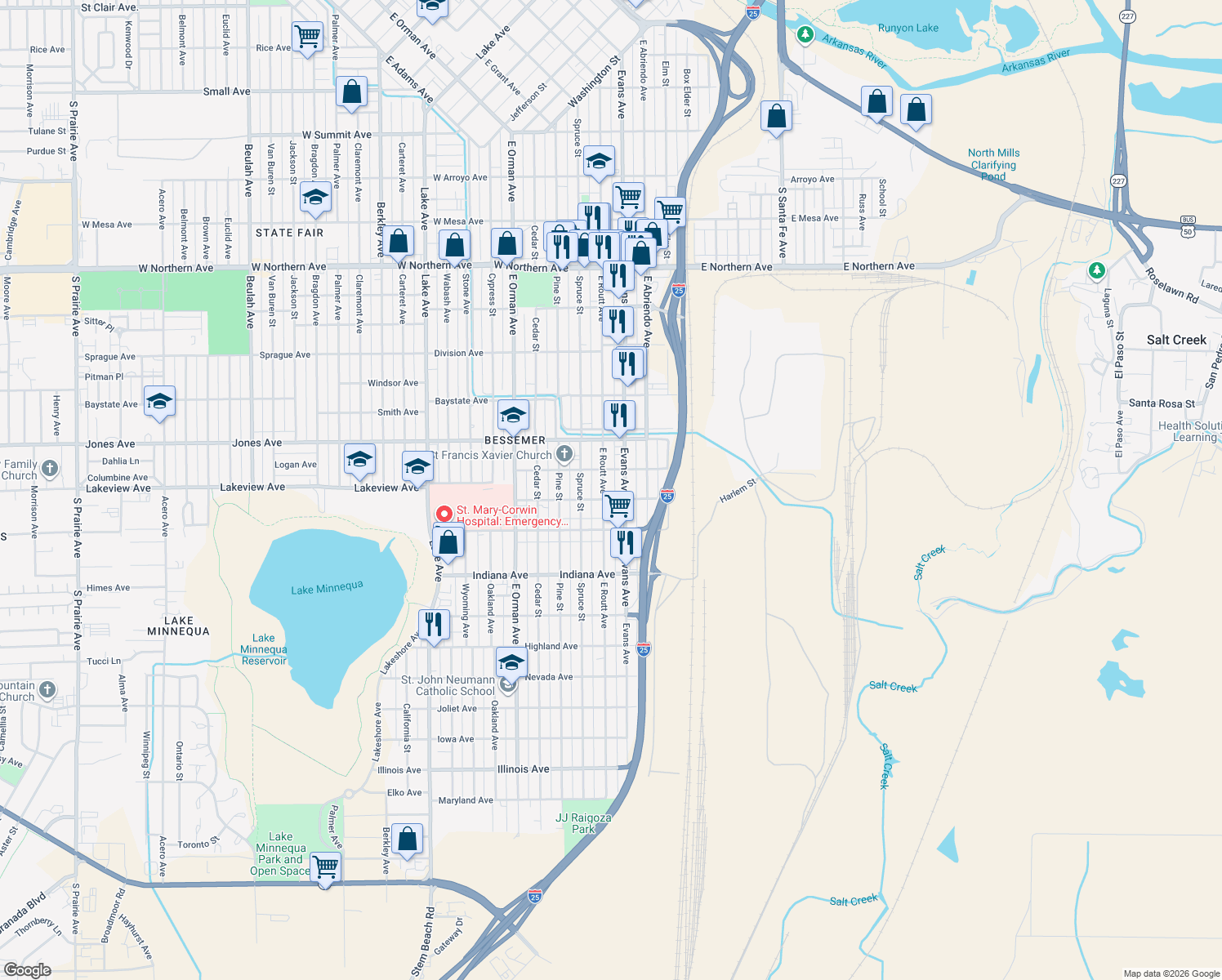 map of restaurants, bars, coffee shops, grocery stores, and more near 1820 East Routt Avenue in Pueblo