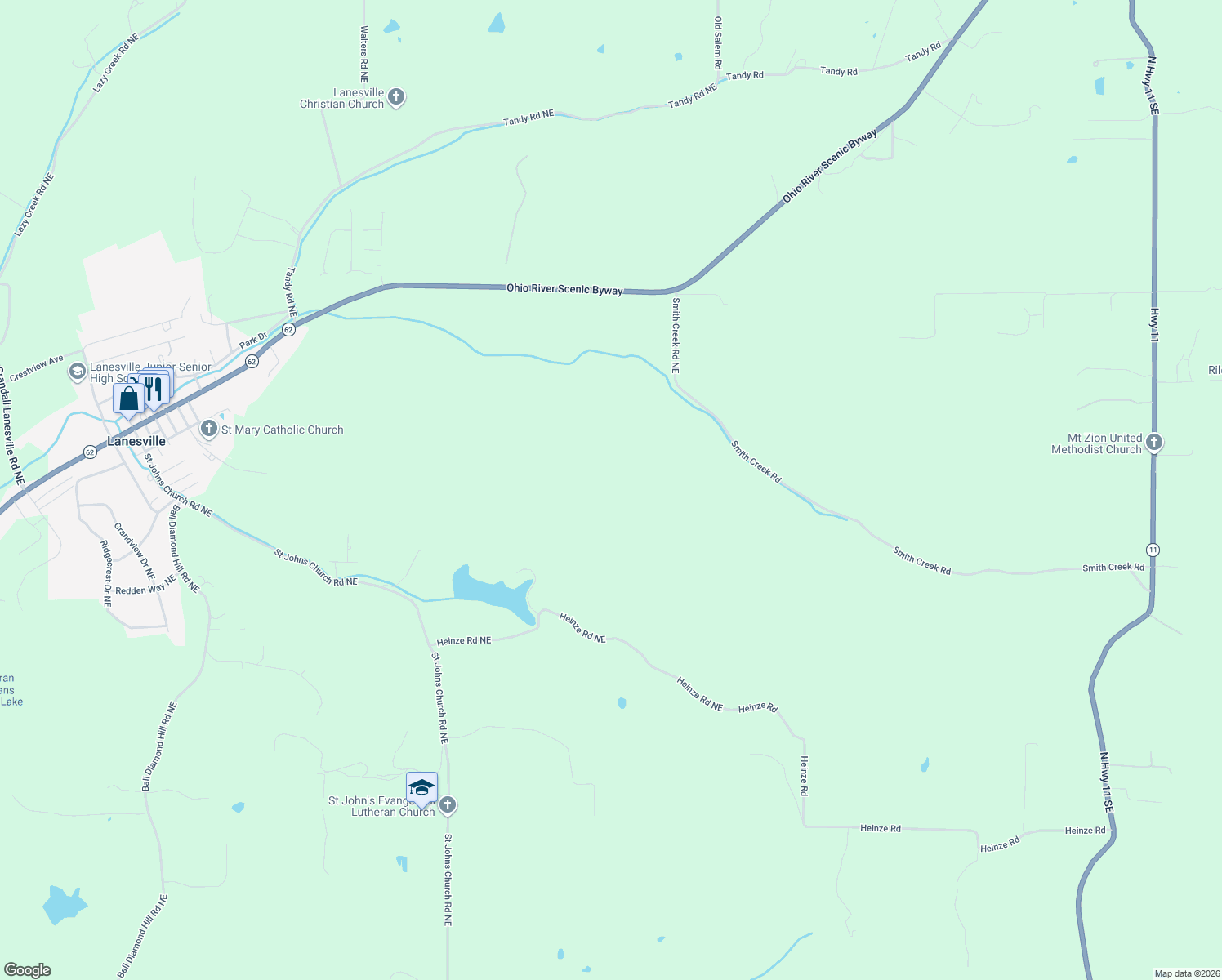 map of restaurants, bars, coffee shops, grocery stores, and more near 7769 Smith Creek Road in Lanesville
