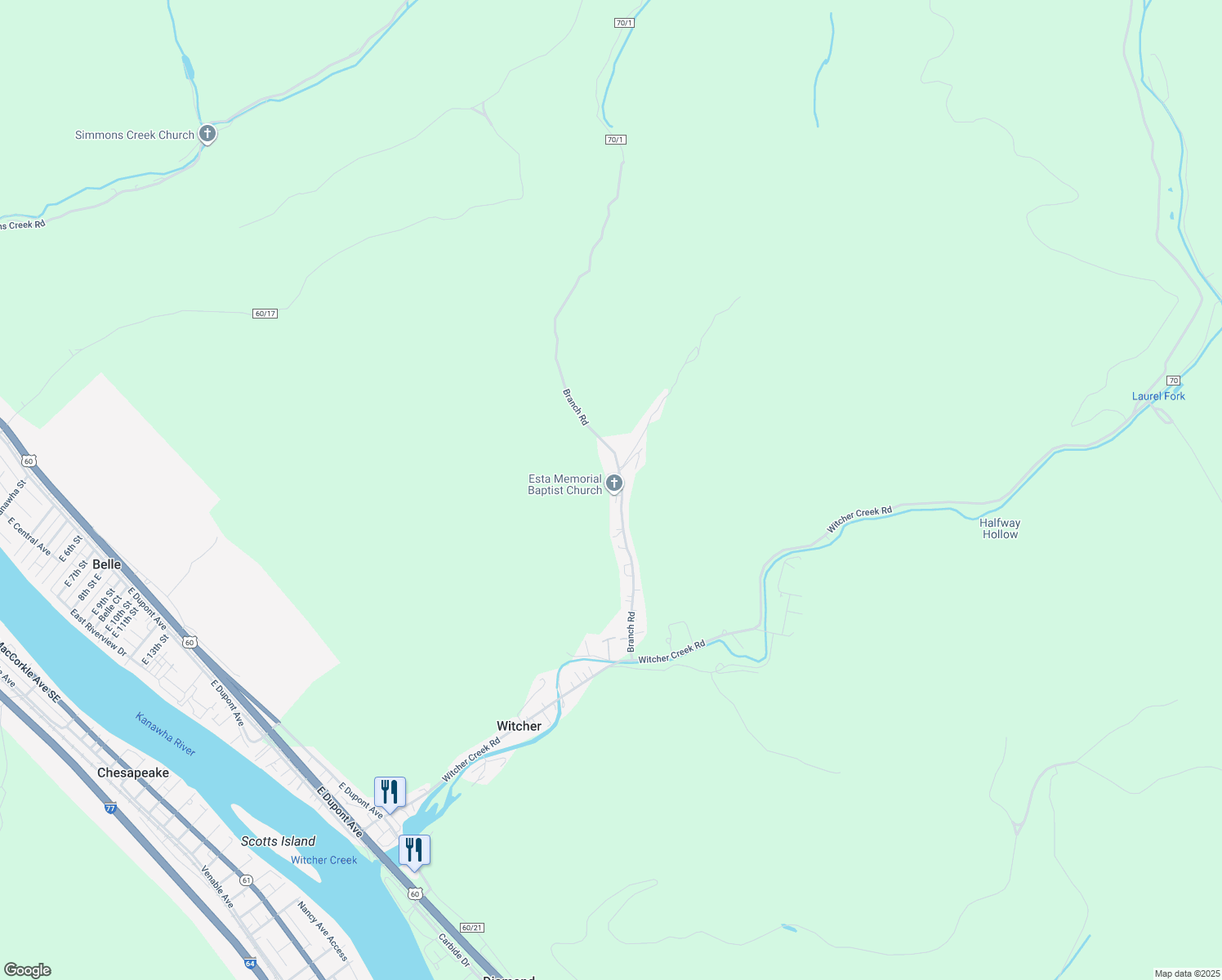 map of restaurants, bars, coffee shops, grocery stores, and more near 1497 Branch Road in Belle