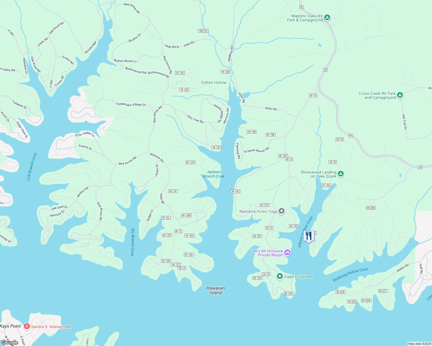 map of restaurants, bars, coffee shops, grocery stores, and more near Lake Road in Eldon