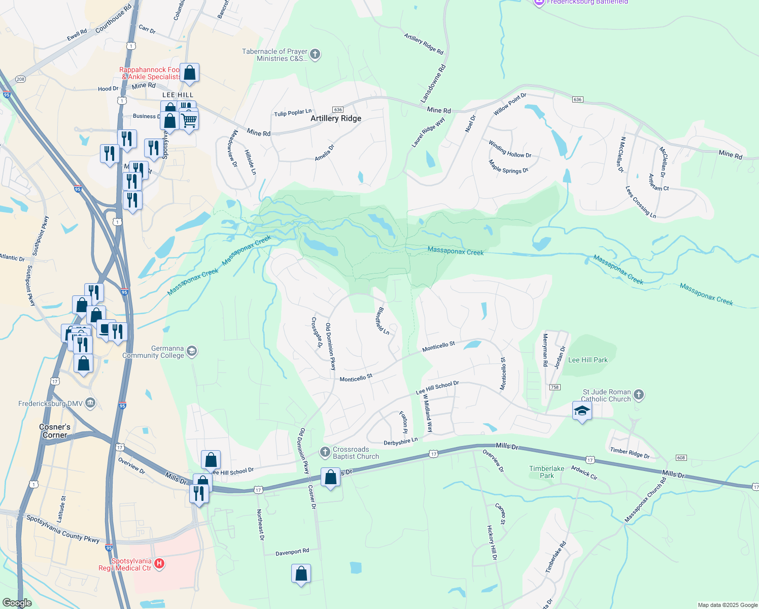 map of restaurants, bars, coffee shops, grocery stores, and more near 4102 Corbin Hall Ln in Fredericksburg