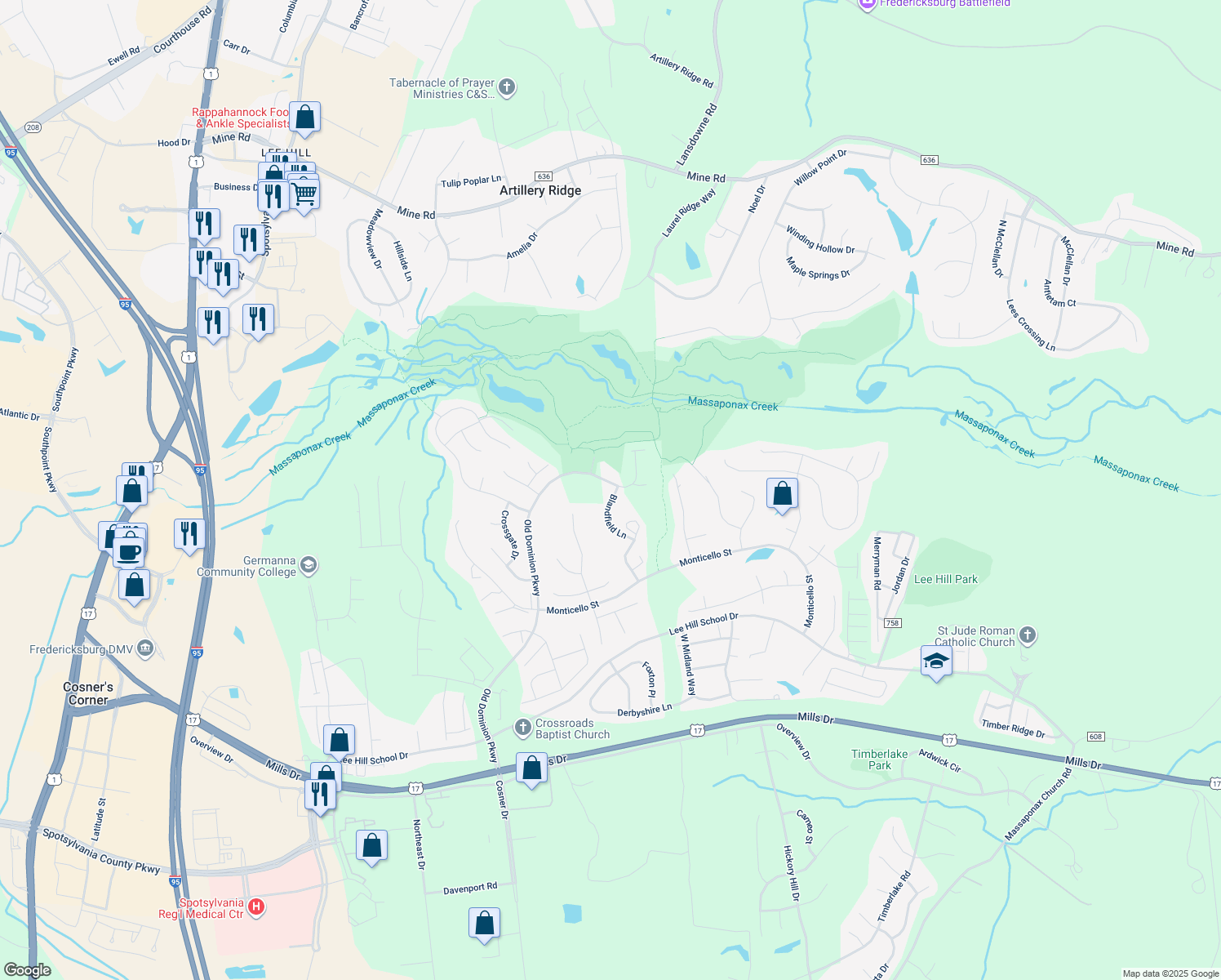 map of restaurants, bars, coffee shops, grocery stores, and more near 4102 Corbin Hall Ln in Fredericksburg