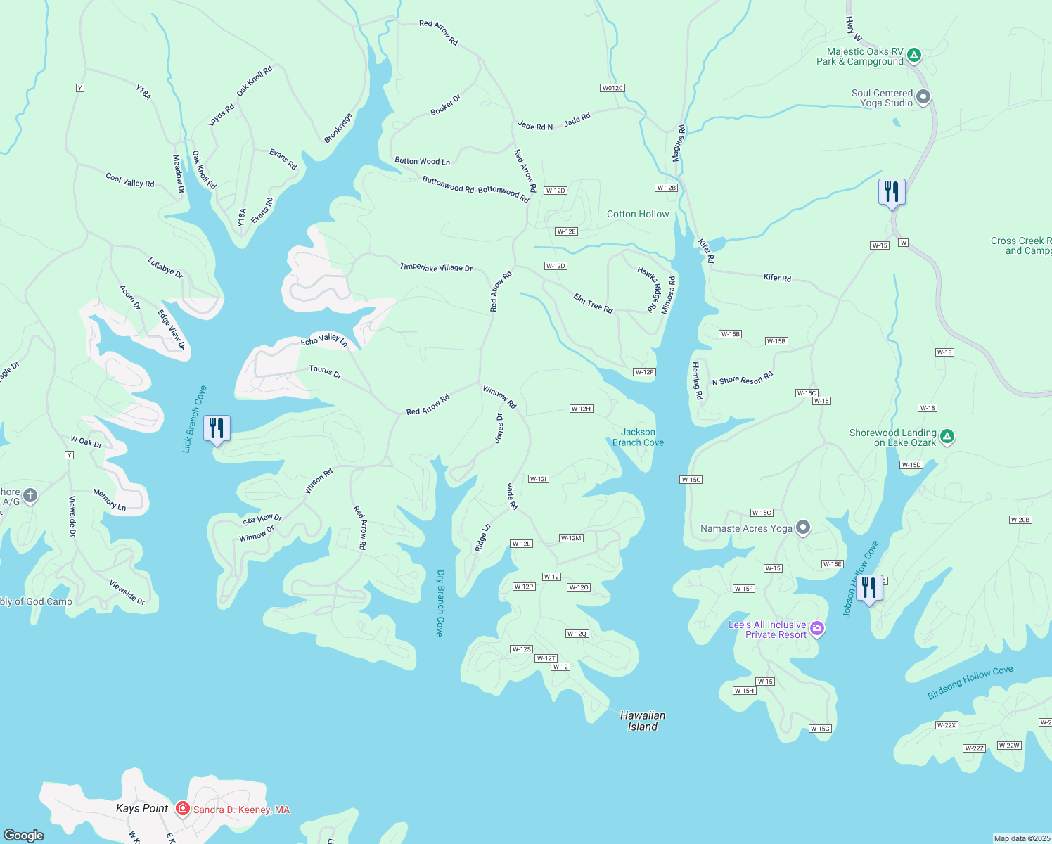 map of restaurants, bars, coffee shops, grocery stores, and more near County Road W-12 in Eldon