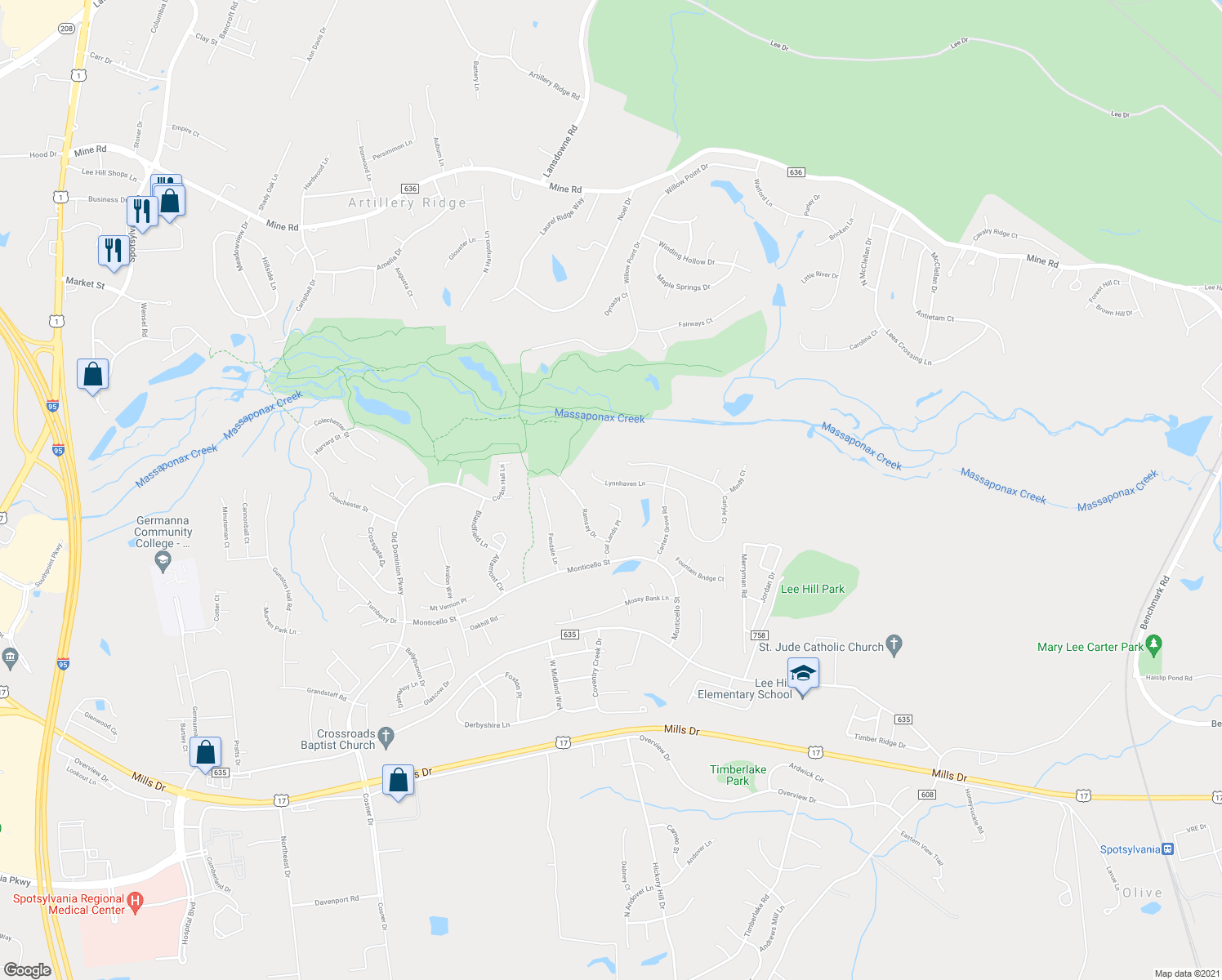 map of restaurants, bars, coffee shops, grocery stores, and more near 3918 Lynnhaven Lane in Fredericksburg
