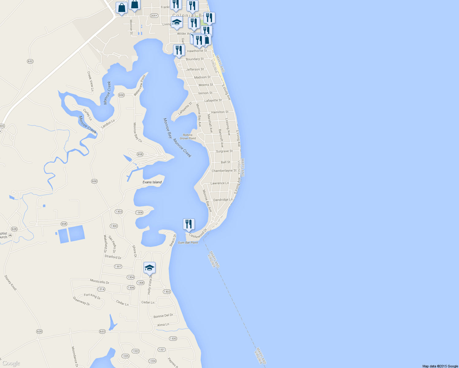 map of restaurants, bars, coffee shops, grocery stores, and more near 1316 Lossing Avenue in Colonial Beach