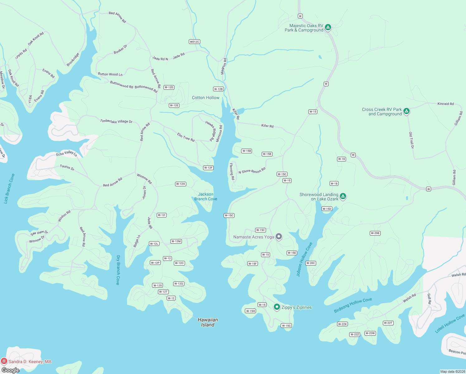 map of restaurants, bars, coffee shops, grocery stores, and more near County Road w-15B in Eldon