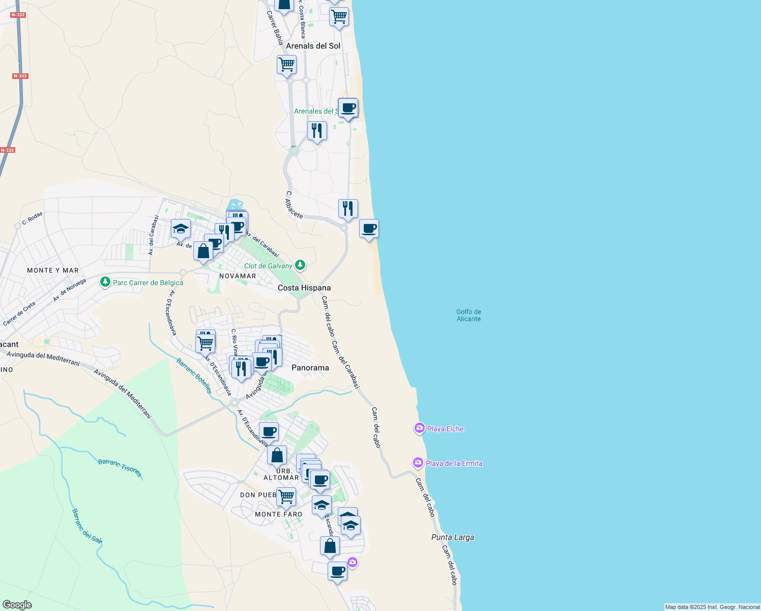 map of restaurants, bars, coffee shops, grocery stores, and more near 2A Avinguda del Carabasí in Costa Hispana