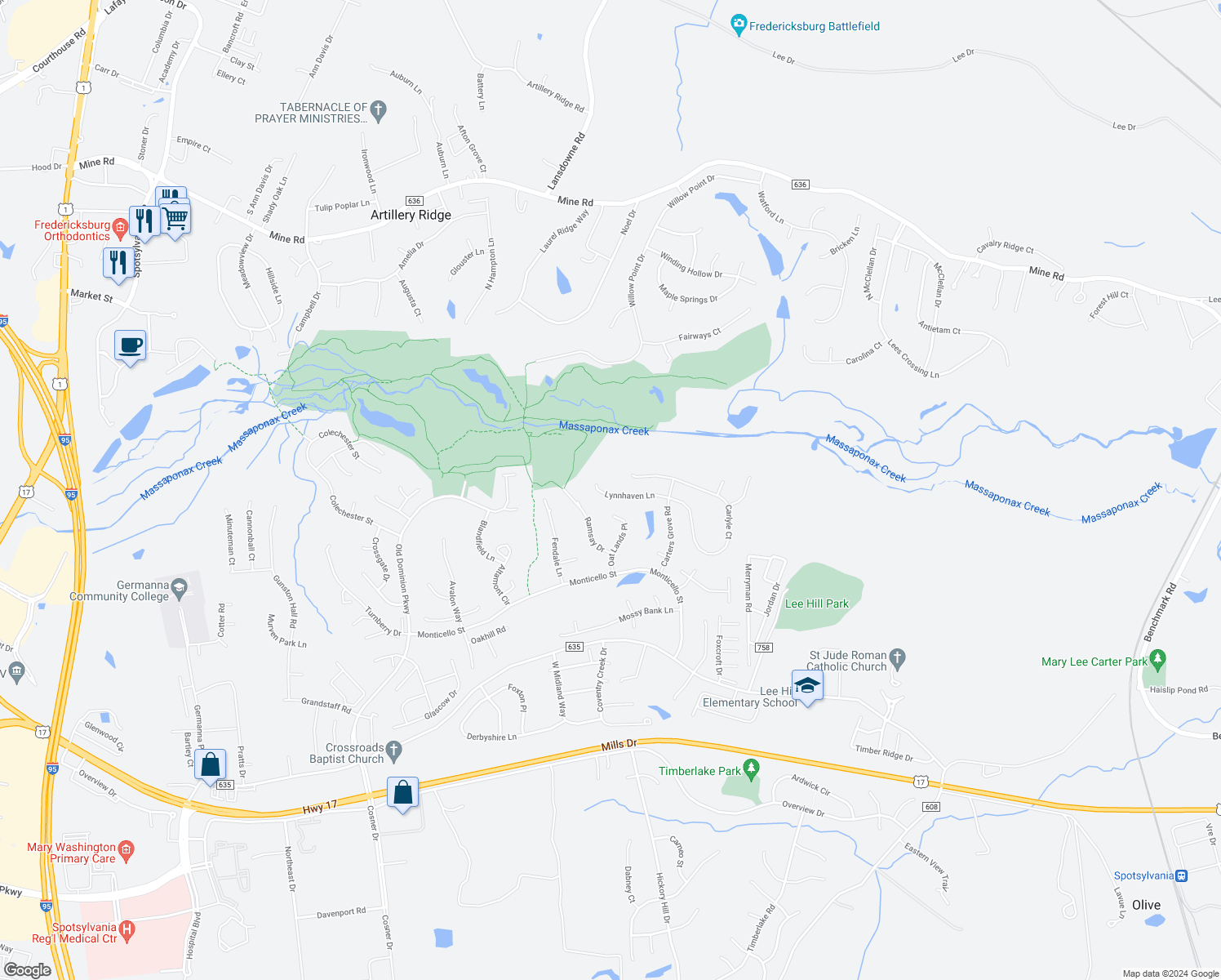 map of restaurants, bars, coffee shops, grocery stores, and more near 3919 Lynnhaven Lane in Fredericksburg