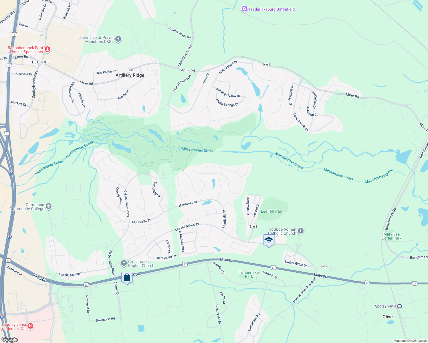 map of restaurants, bars, coffee shops, grocery stores, and more near 3905 Lynnhaven Lane in Fredericksburg
