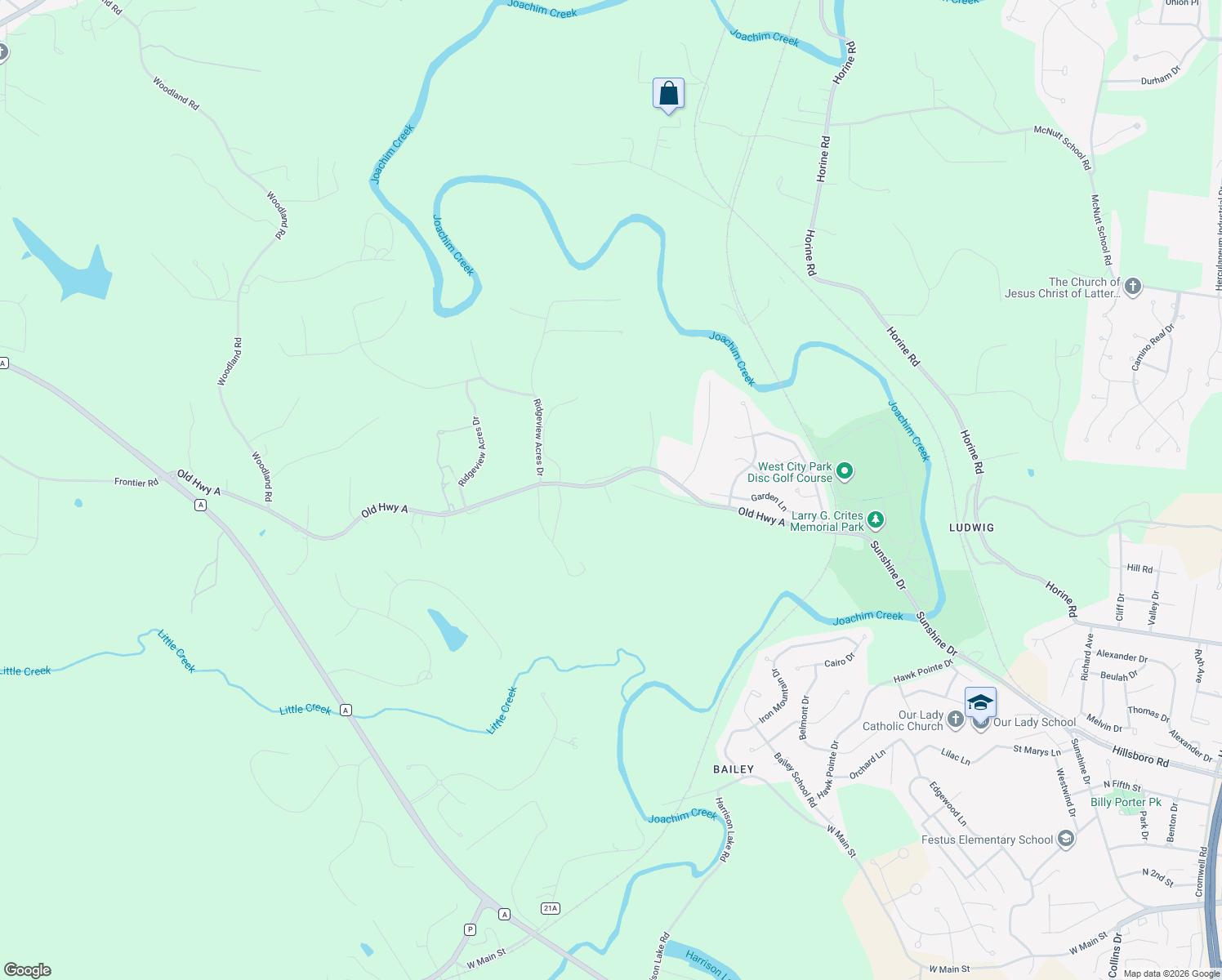 map of restaurants, bars, coffee shops, grocery stores, and more near 2518 Old State Highway A in Festus