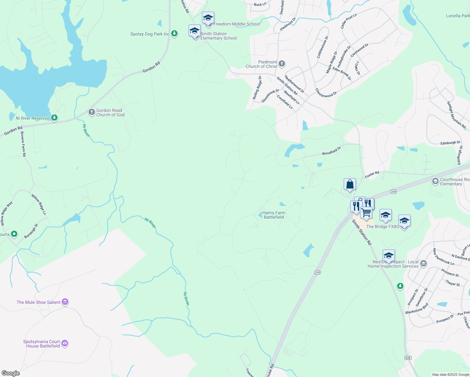 map of restaurants, bars, coffee shops, grocery stores, and more near 7101 Ashley Court in Spotsylvania