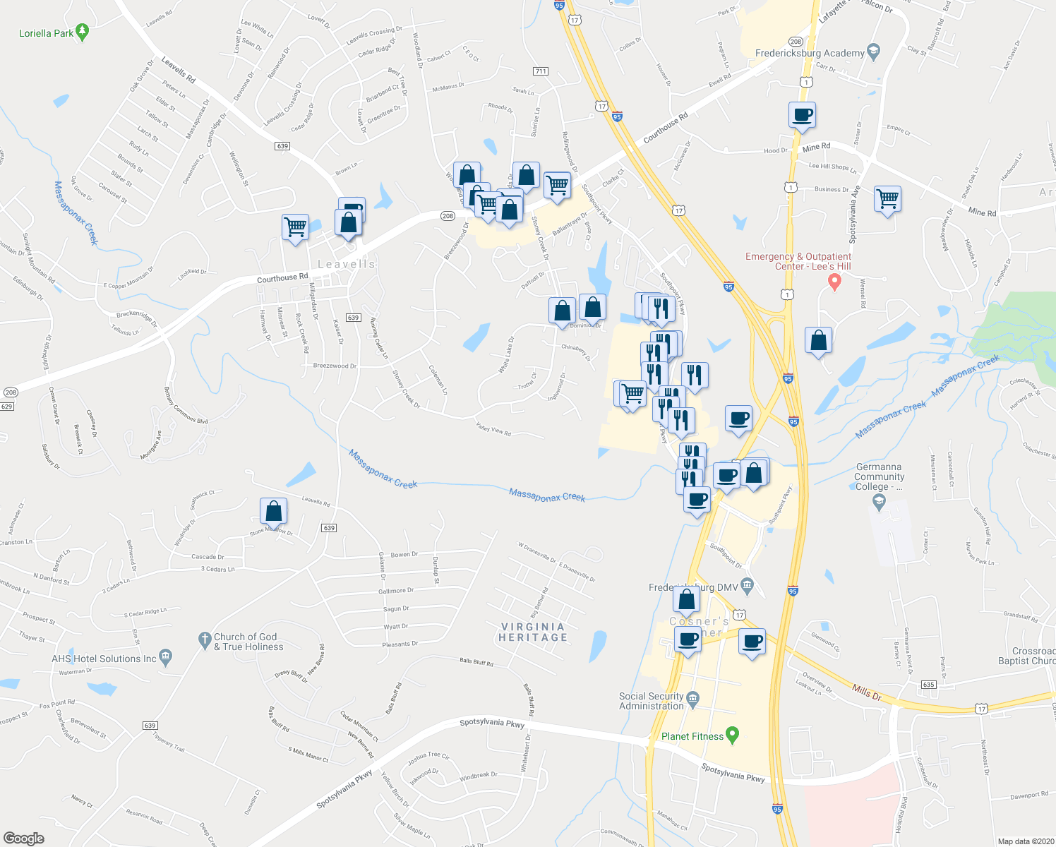 map of restaurants, bars, coffee shops, grocery stores, and more near 121 Valley View Road in Fredericksburg