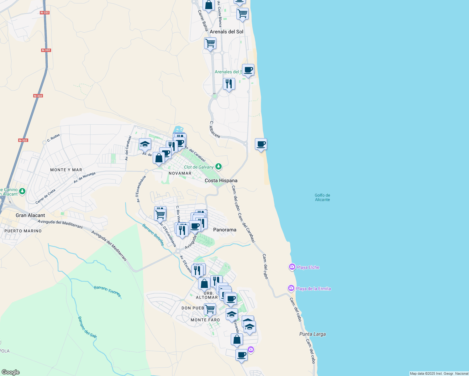 map of restaurants, bars, coffee shops, grocery stores, and more near in Costa Hispana