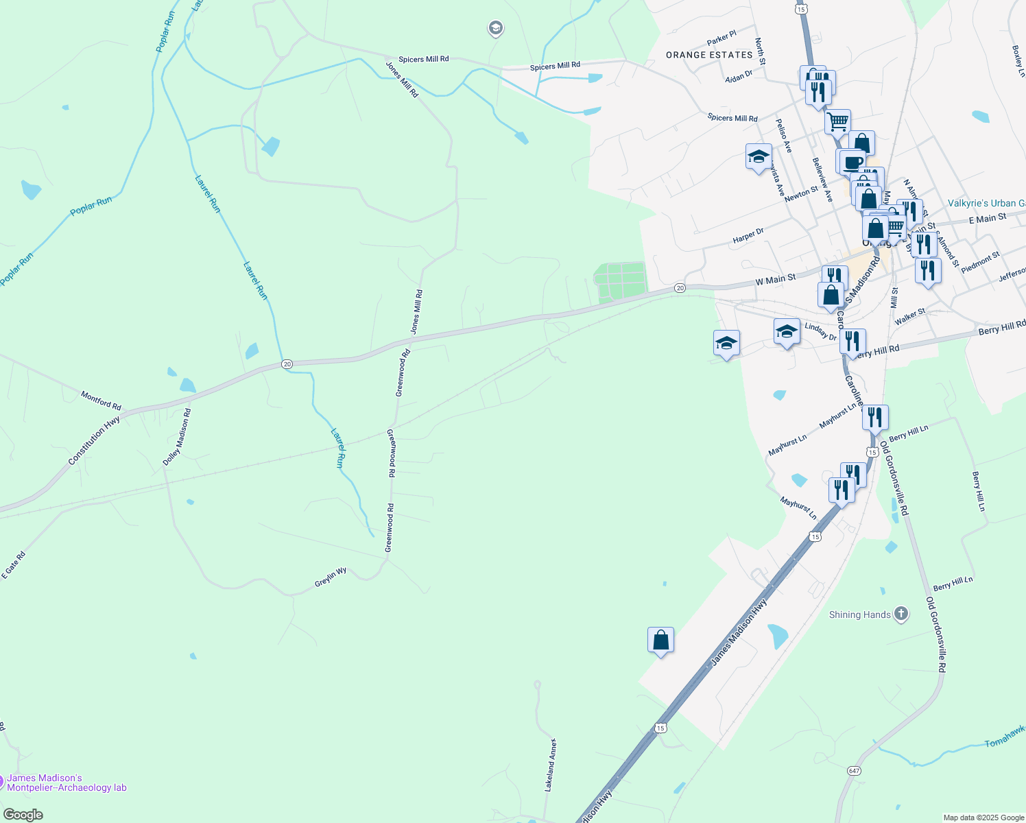 map of restaurants, bars, coffee shops, grocery stores, and more near 13874 Willistown Lane in Orange