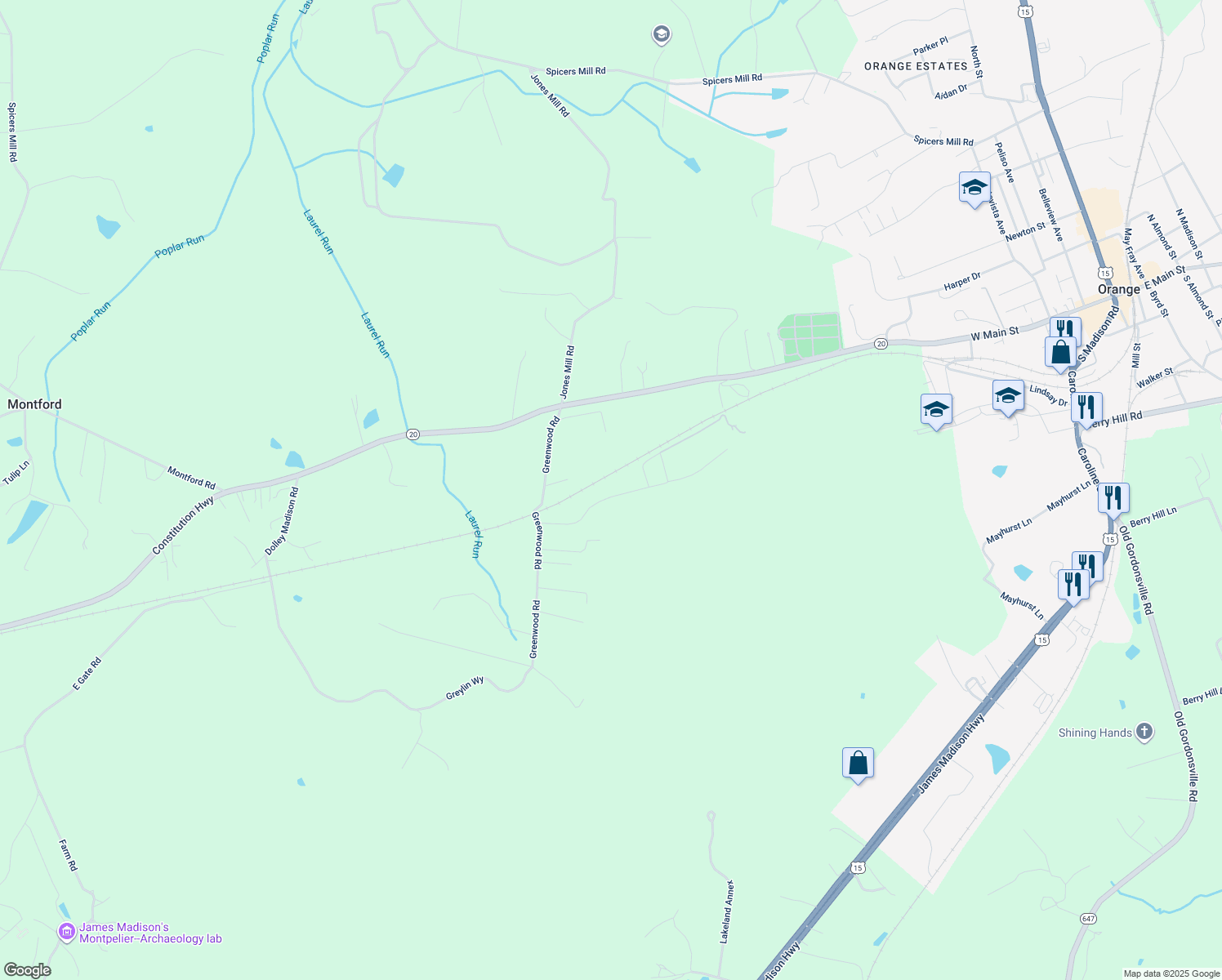 map of restaurants, bars, coffee shops, grocery stores, and more near 13599 Willistown Lane in Orange