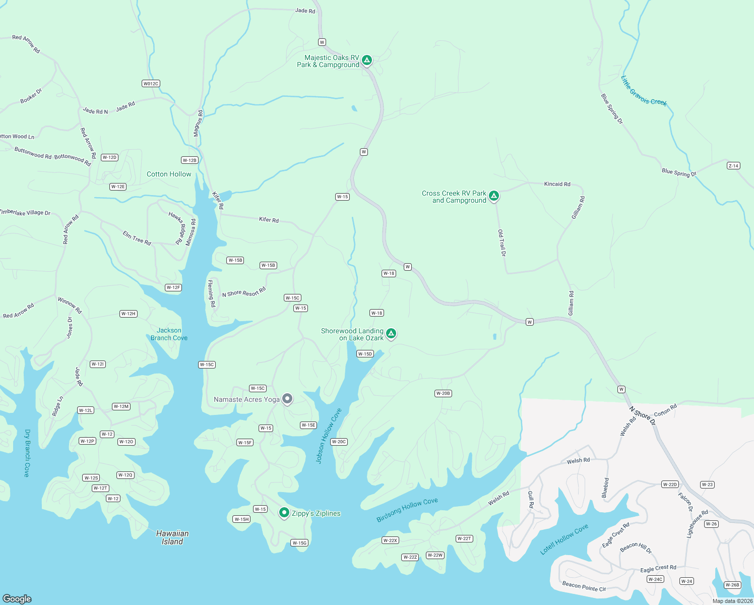 map of restaurants, bars, coffee shops, grocery stores, and more near 16-64 County Road w-18 in Eldon