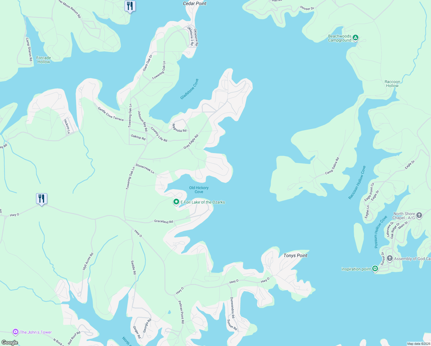 map of restaurants, bars, coffee shops, grocery stores, and more near Sheldon Point Rd in Gravois Mills
