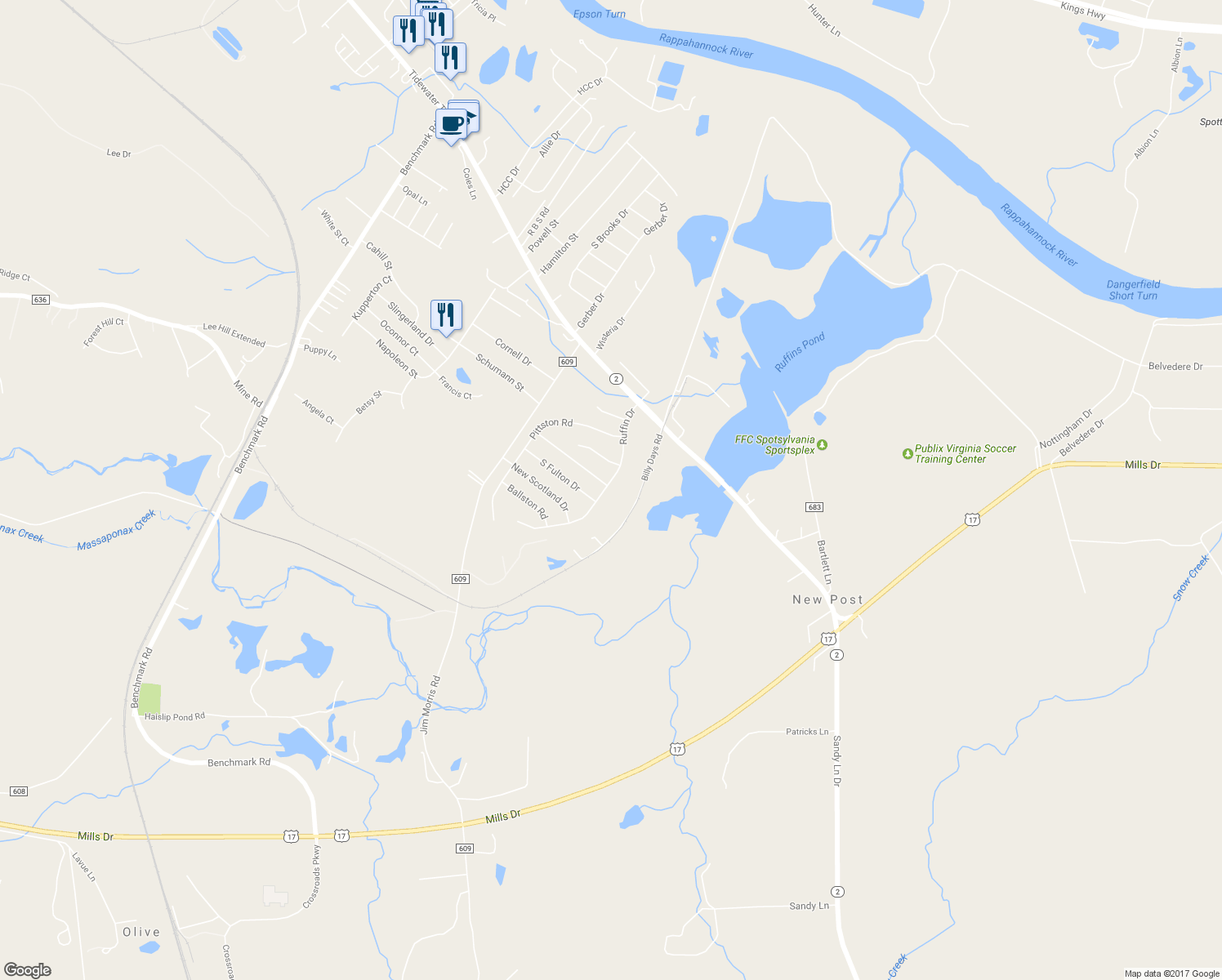 map of restaurants, bars, coffee shops, grocery stores, and more near 2510 Ruffin Drive in Fredericksburg