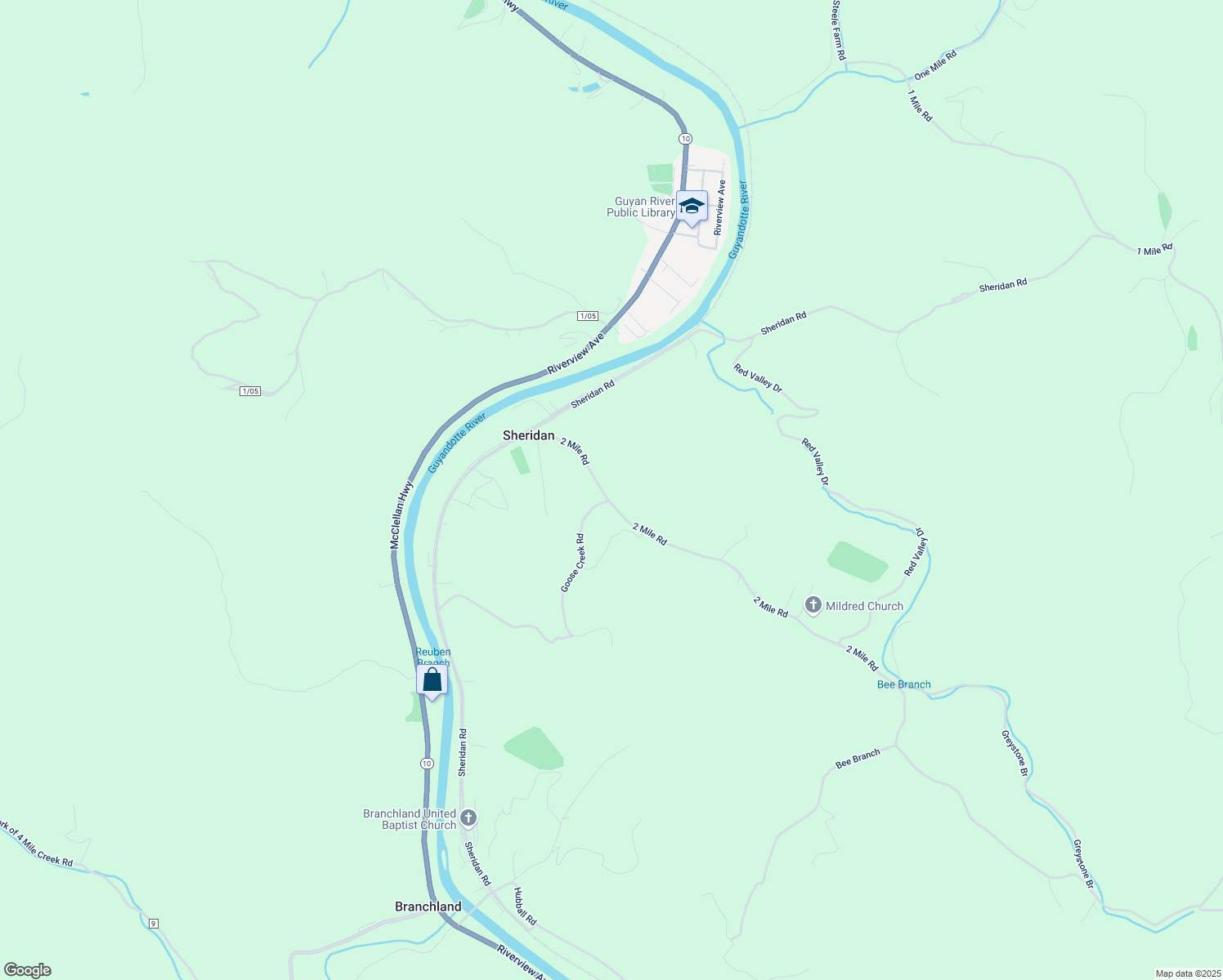 map of restaurants, bars, coffee shops, grocery stores, and more near 67 2 Mile Road in Branchland