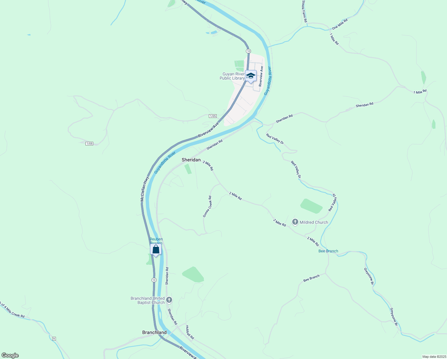 map of restaurants, bars, coffee shops, grocery stores, and more near 67 2 Mile Road in Branchland