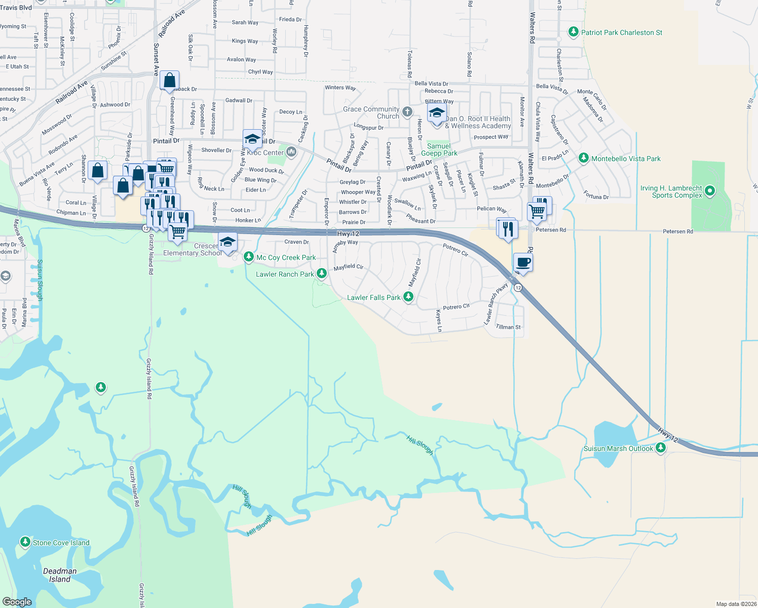 map of restaurants, bars, coffee shops, grocery stores, and more near 1039 Fennie Court in Suisun City