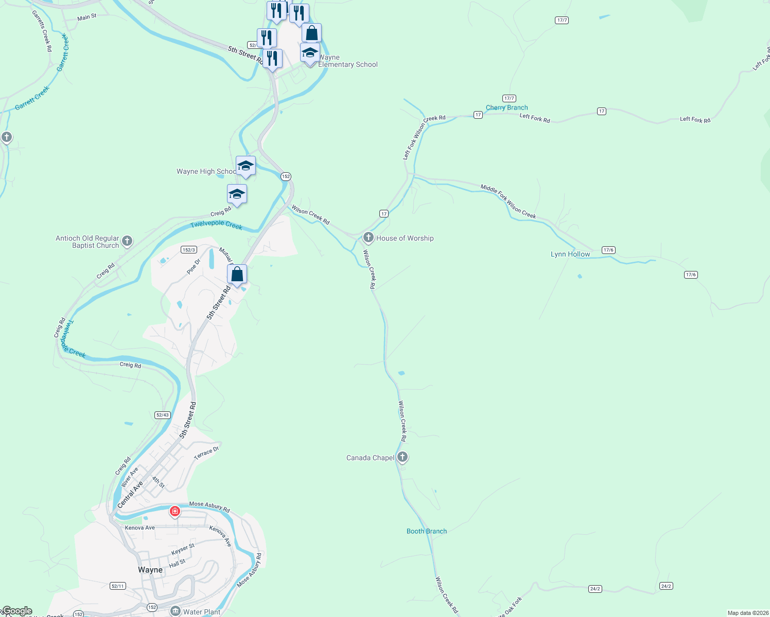 map of restaurants, bars, coffee shops, grocery stores, and more near 2103 Wilson Creek Road in Wayne