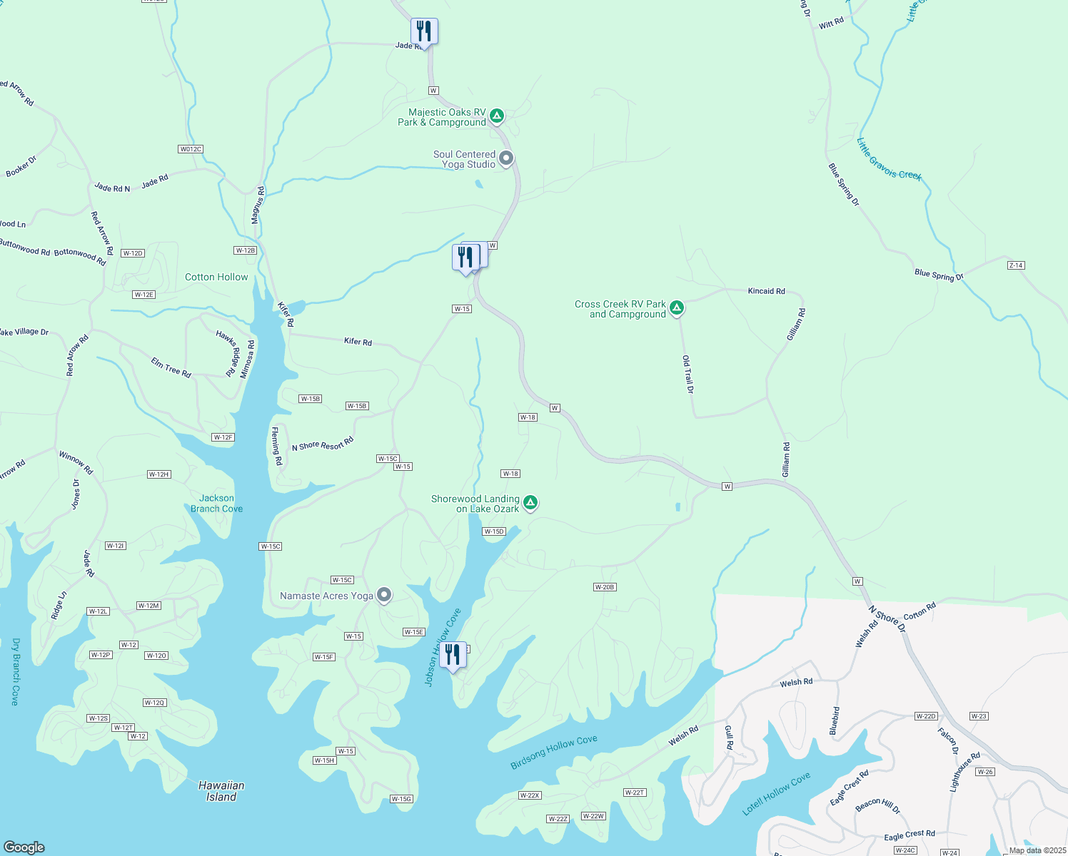 map of restaurants, bars, coffee shops, grocery stores, and more near 14 Leisure Road in Eldon