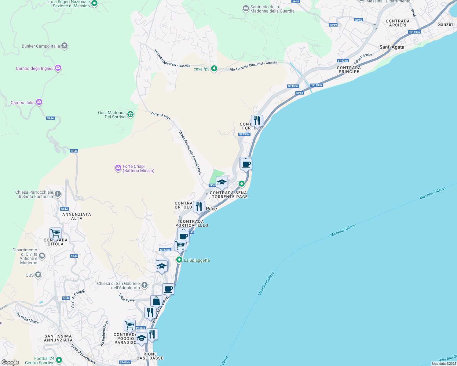 map of restaurants, bars, coffee shops, grocery stores, and more near 3204 SP43bis in Messina