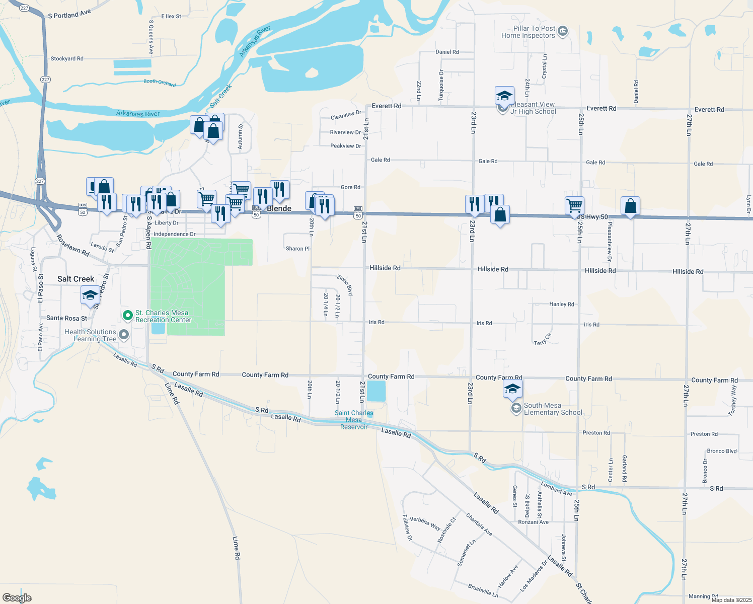 map of restaurants, bars, coffee shops, grocery stores, and more near 1232 21st Lane in Pueblo