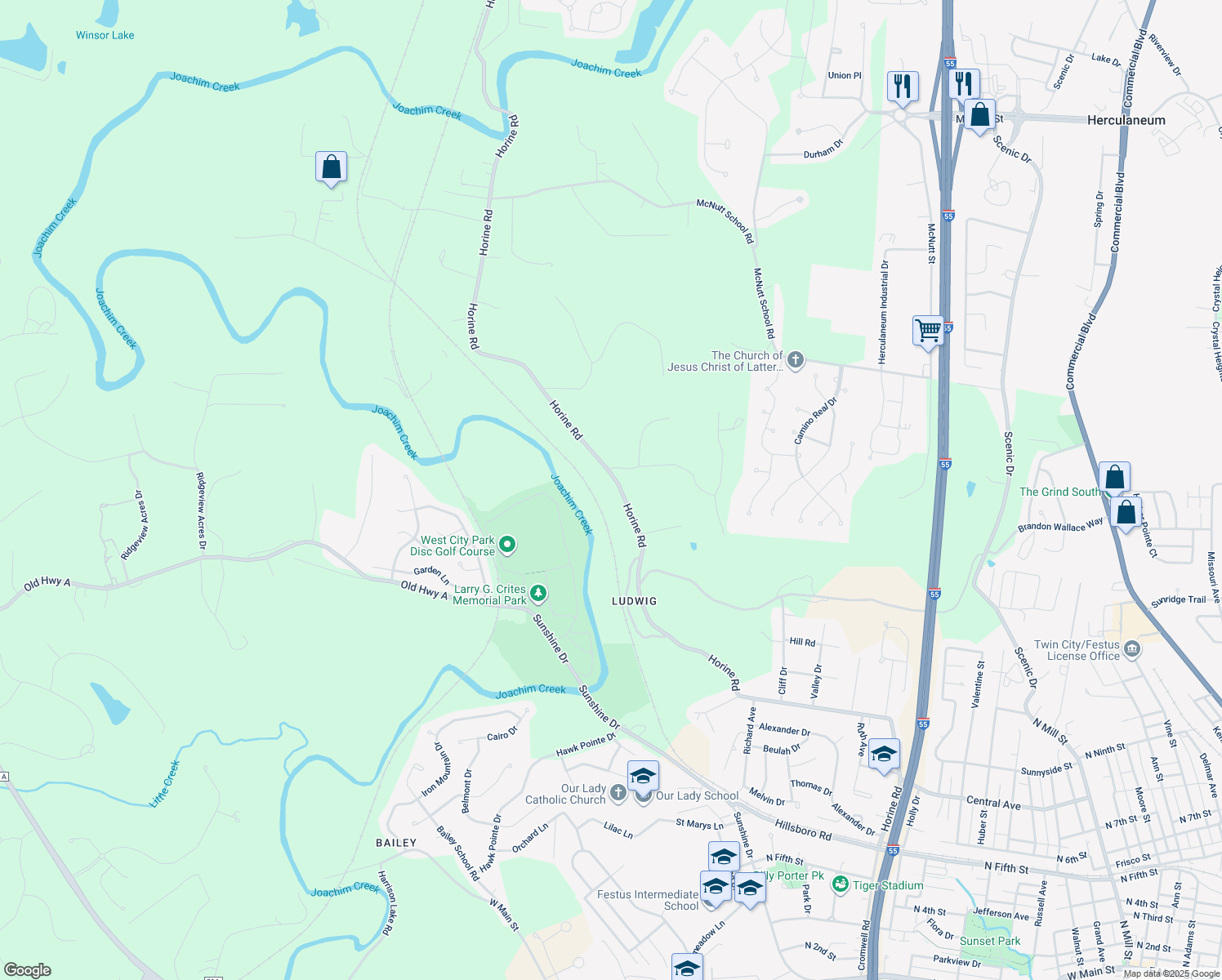 map of restaurants, bars, coffee shops, grocery stores, and more near 1852 Horine Road in Festus