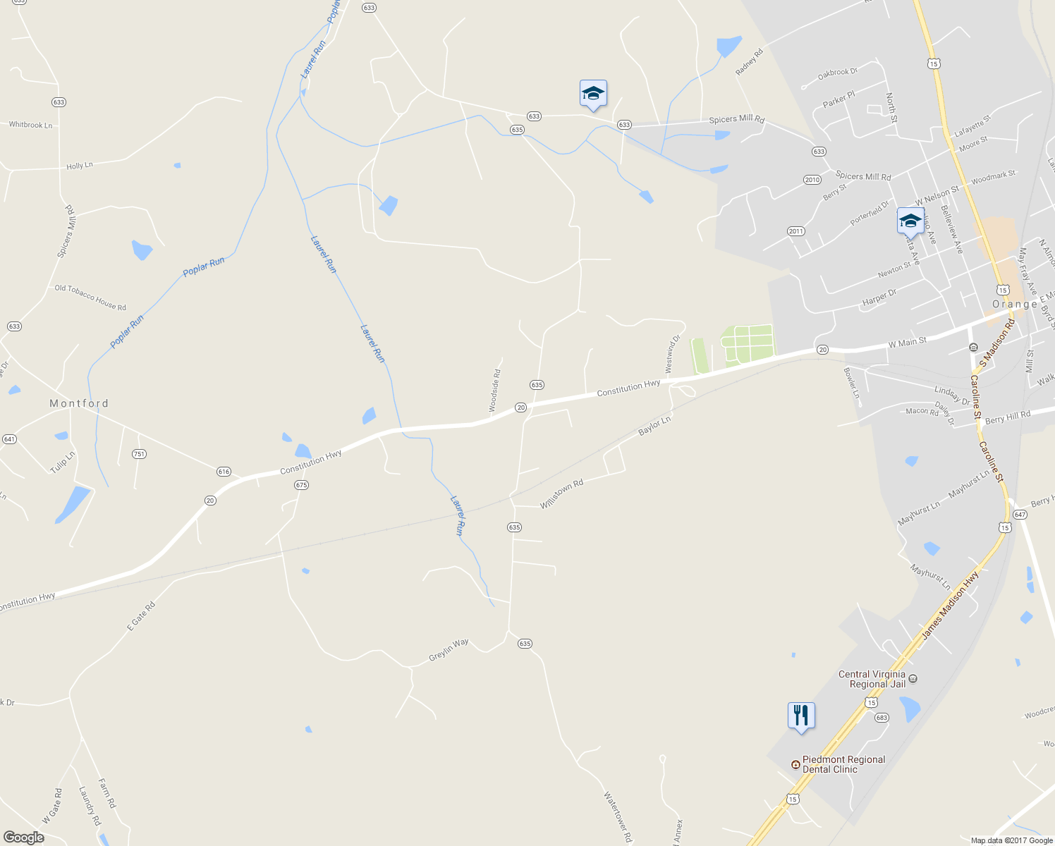 map of restaurants, bars, coffee shops, grocery stores, and more near 12101 Greenwood Road in Orange