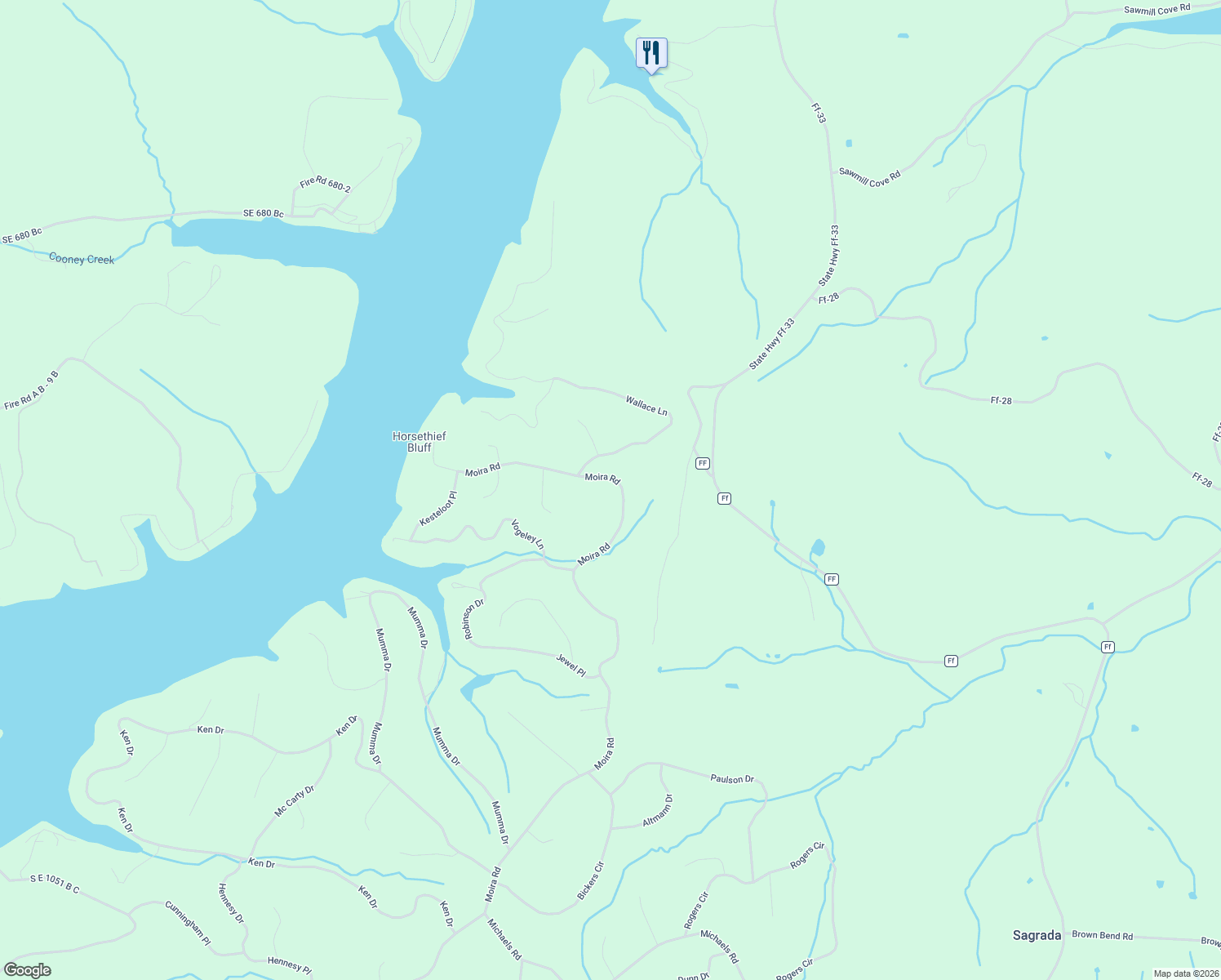 map of restaurants, bars, coffee shops, grocery stores, and more near Moira Road in Edwards