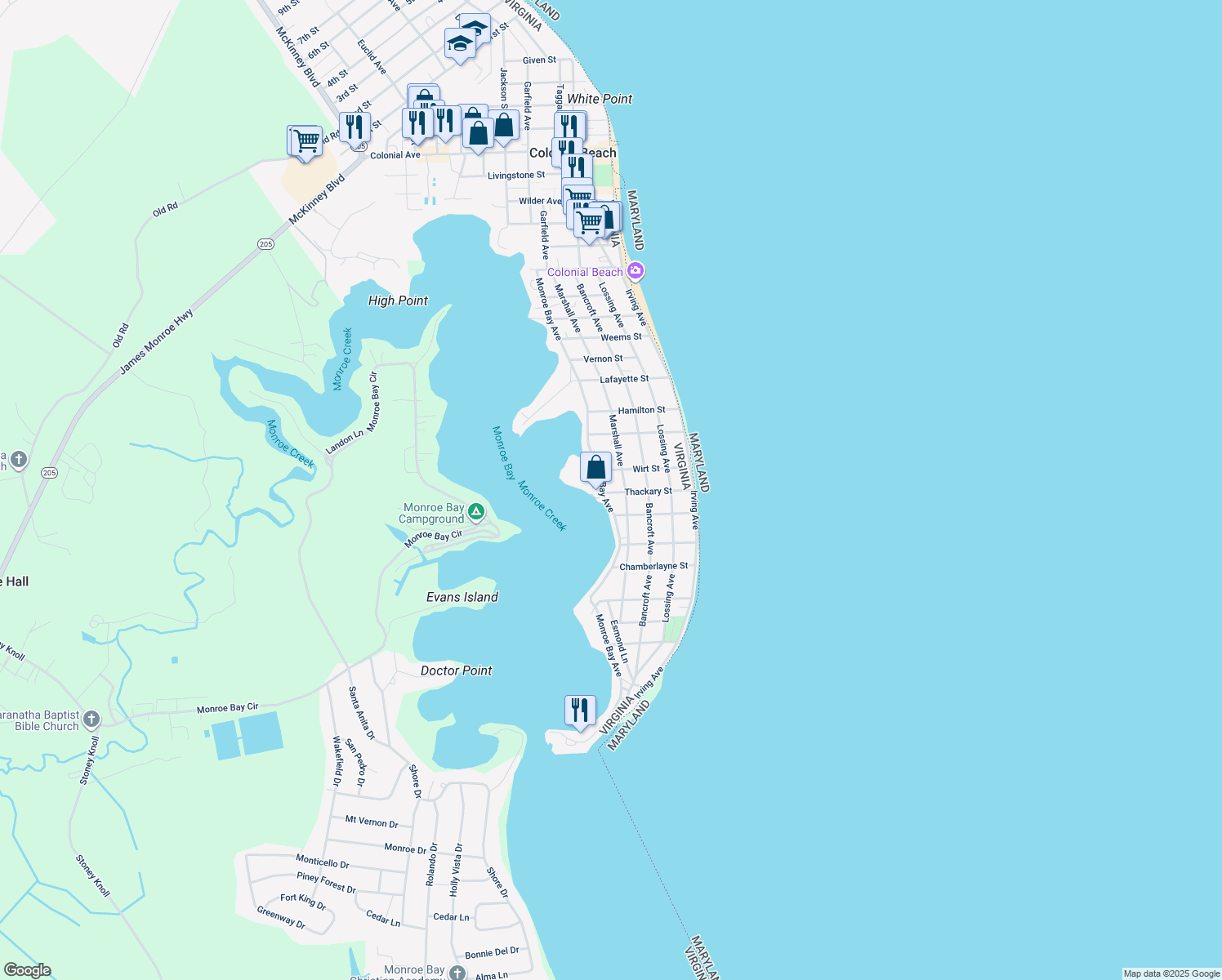 map of restaurants, bars, coffee shops, grocery stores, and more near 800-898 Monroe Bay Ave in Colonial Beach