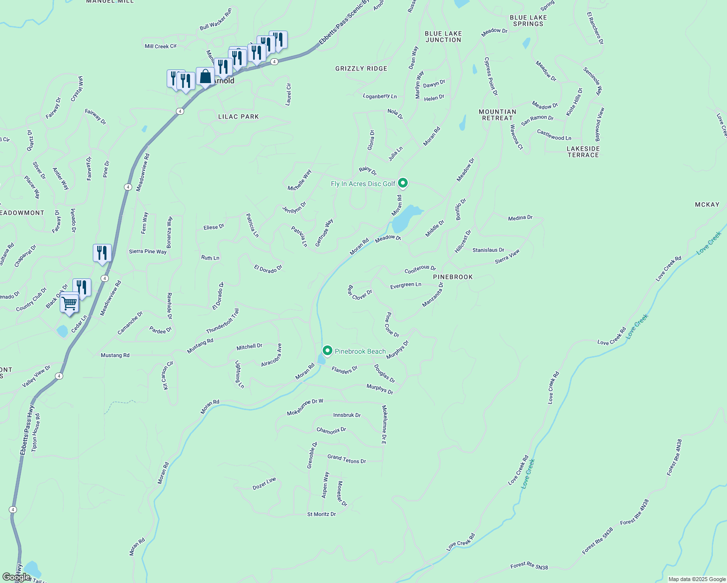 map of restaurants, bars, coffee shops, grocery stores, and more near 1756 Bear Clover Court in Arnold