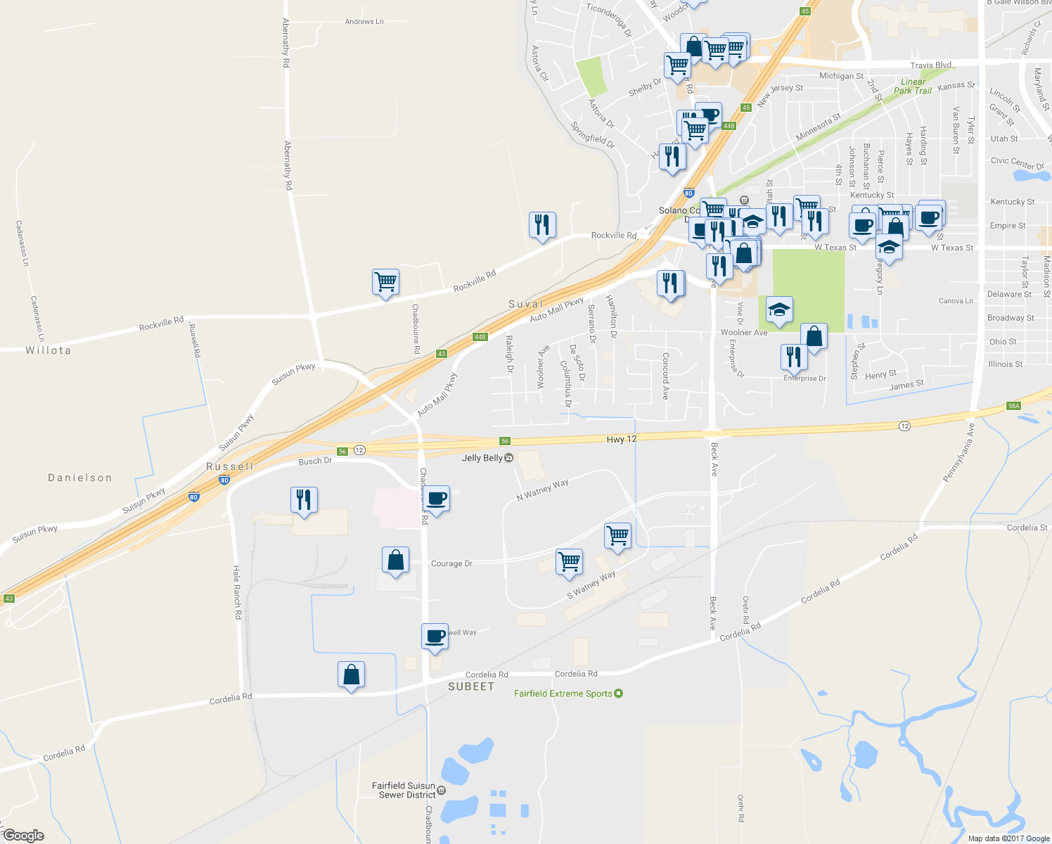 map of restaurants, bars, coffee shops, grocery stores, and more near 101 De Leon Court in Fairfield