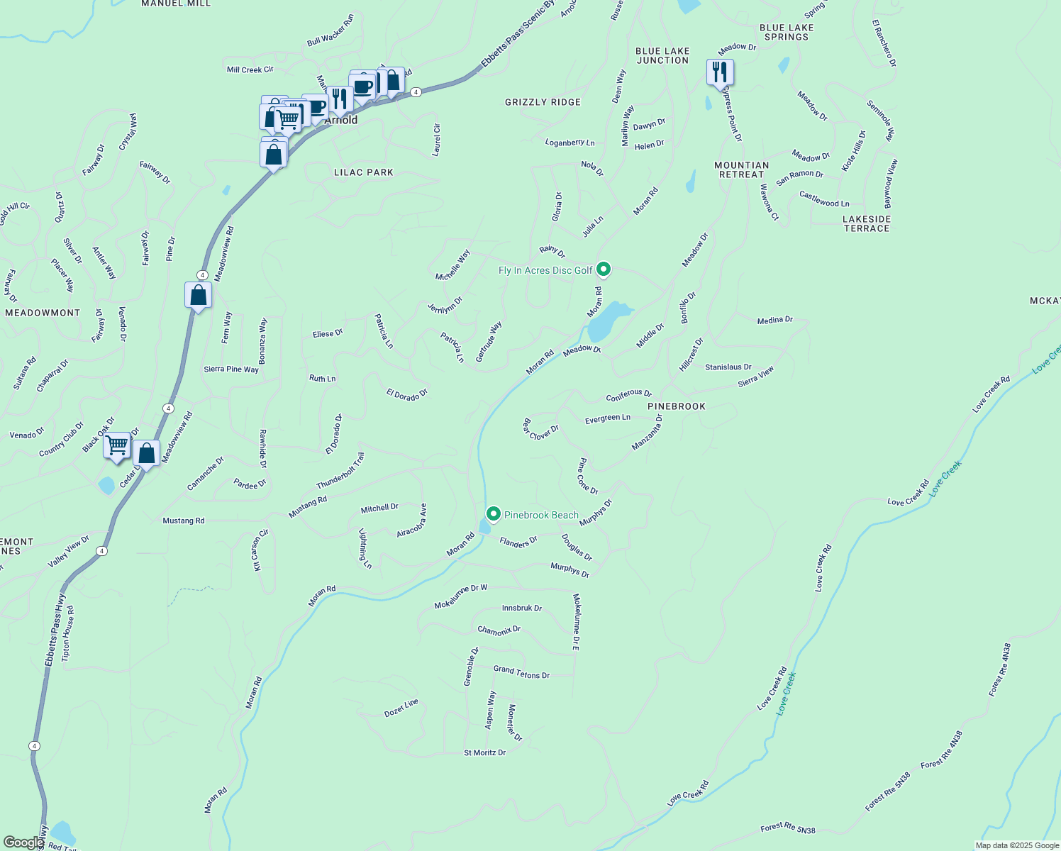 map of restaurants, bars, coffee shops, grocery stores, and more near 1756 Bear Clover Court in Arnold