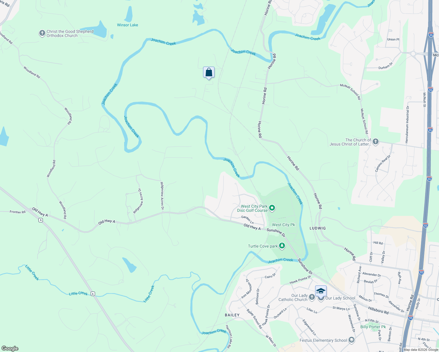 map of restaurants, bars, coffee shops, grocery stores, and more near 131 Blue Ridge Trce in Festus