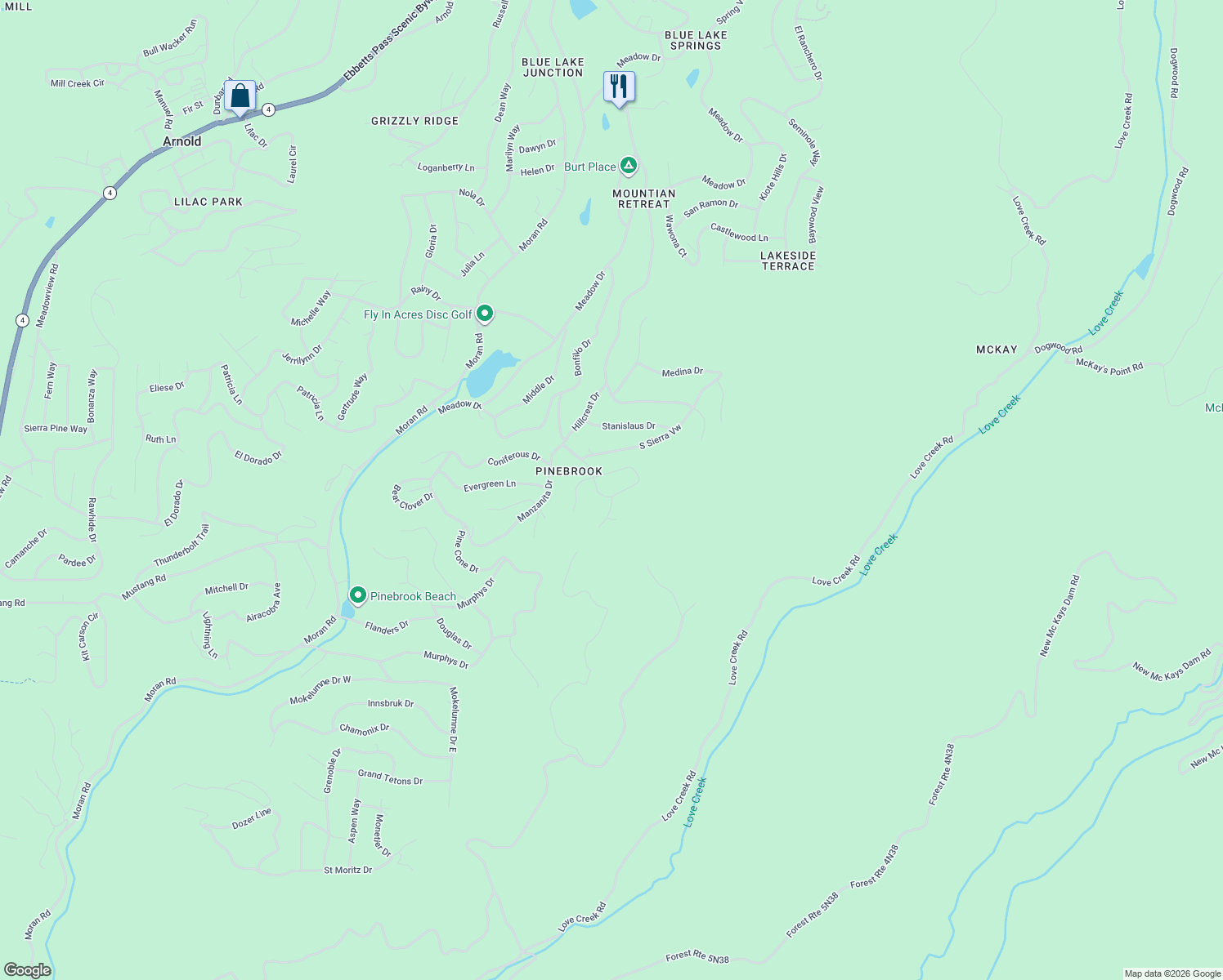 map of restaurants, bars, coffee shops, grocery stores, and more near 1991 Flamingo Way in Arnold